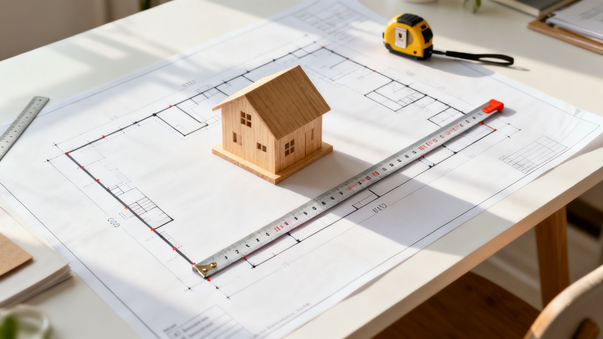 Et træhusmodel, et målebånd og en lineal ligger på en byggeplan på et bord med sollys.