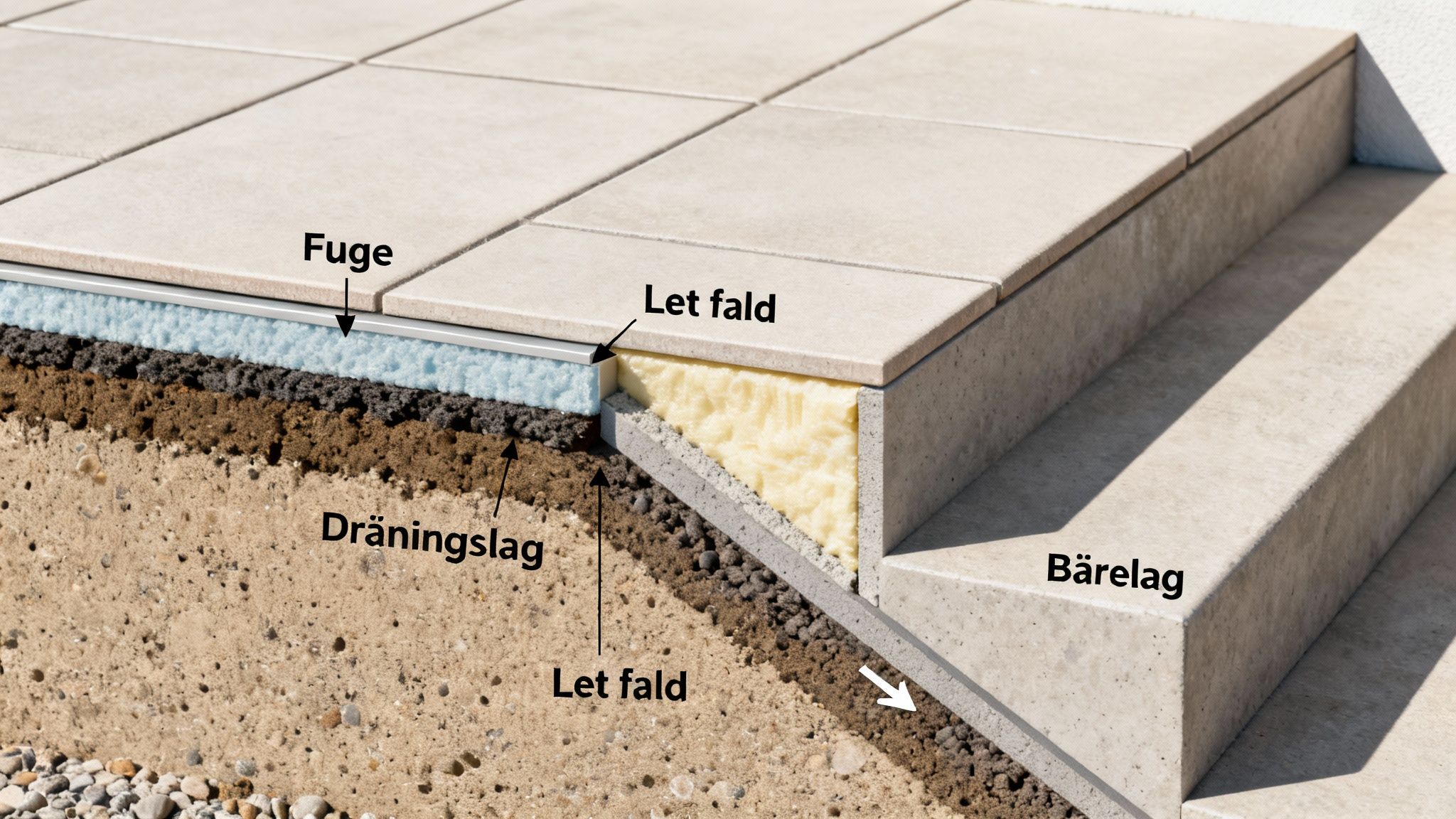 Detaljeret snit af udendørs trappe med fliser, der viser dræningslag, isolering og korrekt afvanding.