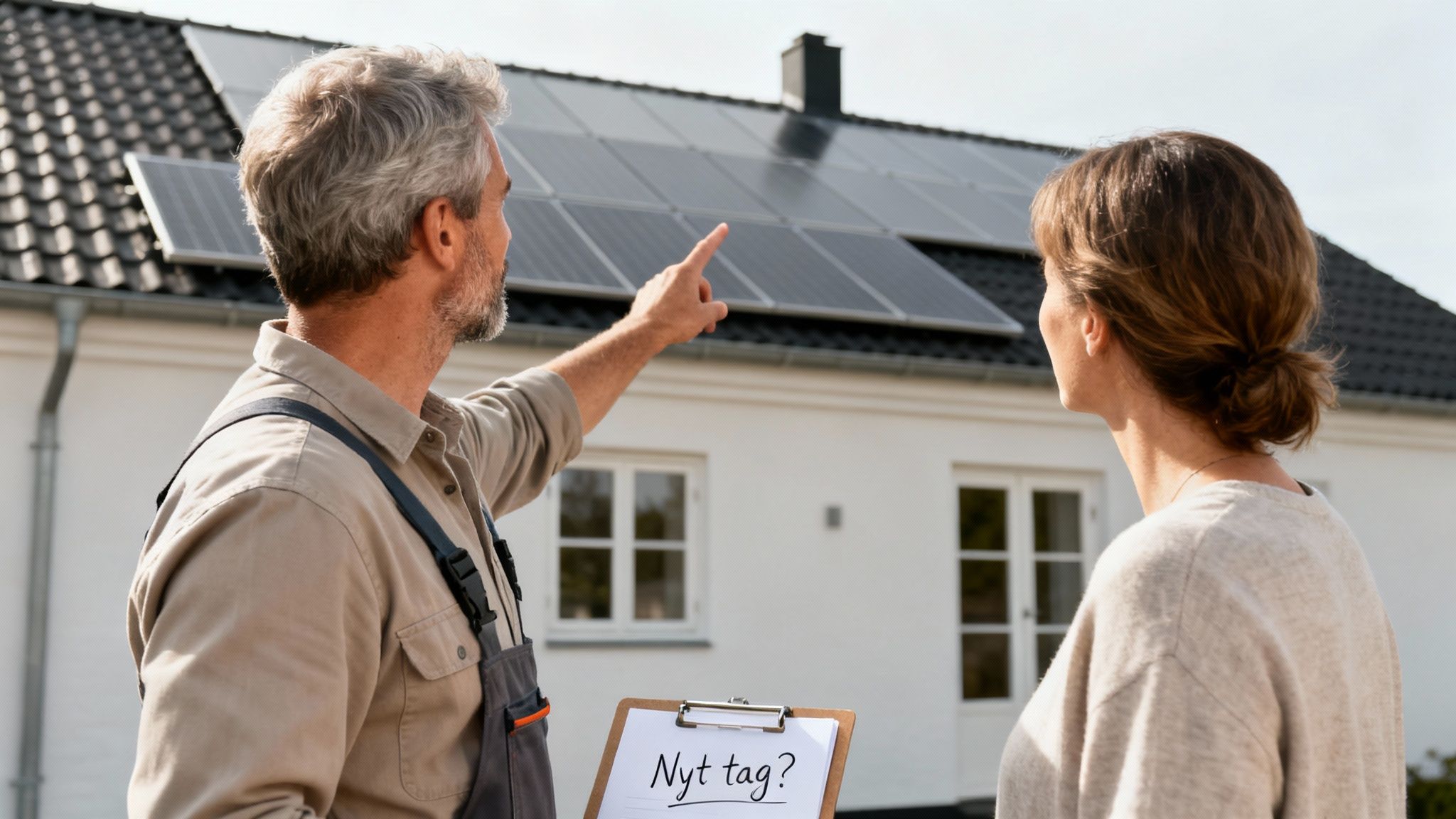 En mand peger på solpaneler på et hustag, mens en kvinde lytter. De diskuterer muligvis et nyt tag.