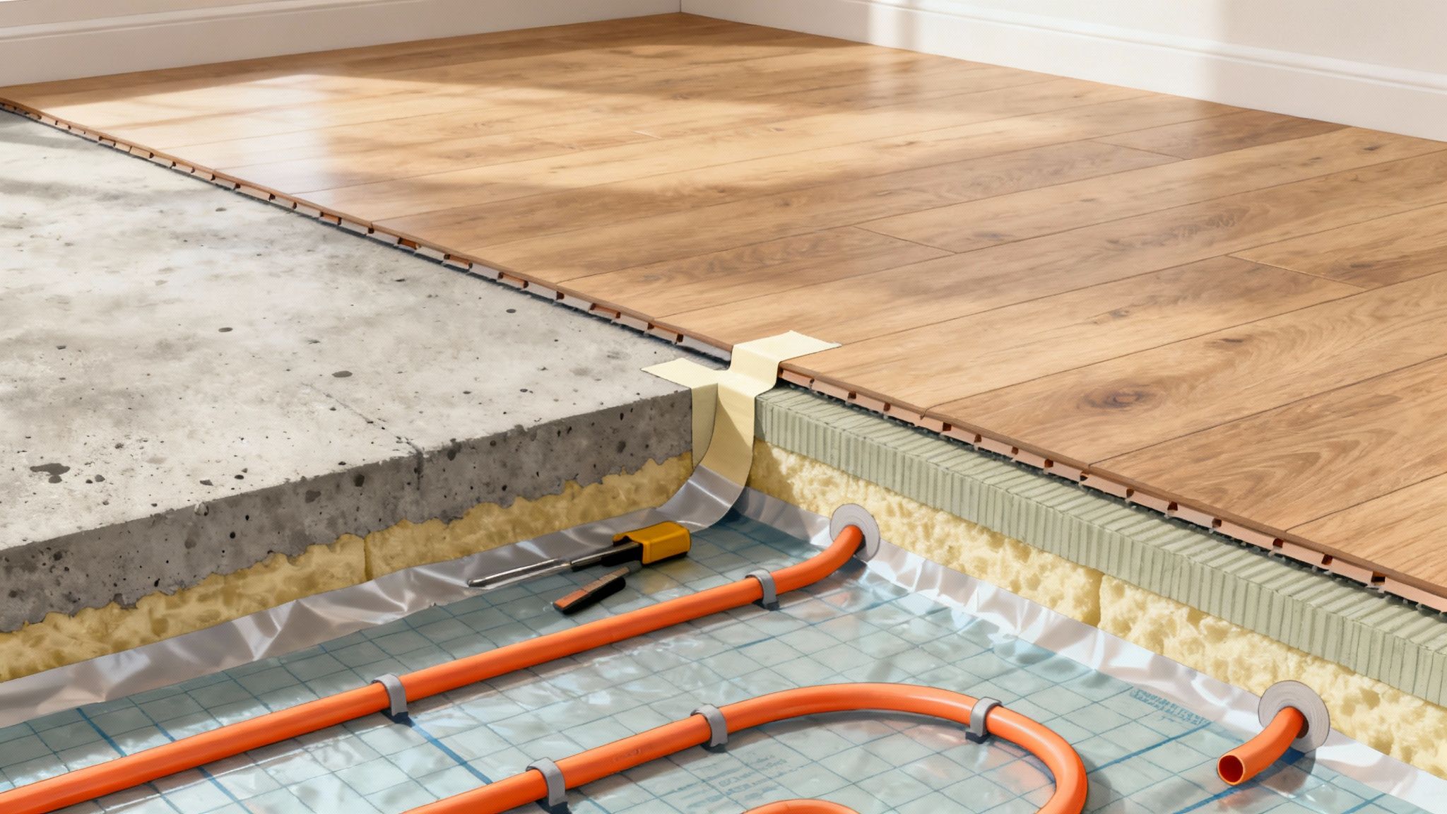 Et underlag med fugtspærre bliver rullet ud på et betongulv ved siden af en gulvvarmeløsning.