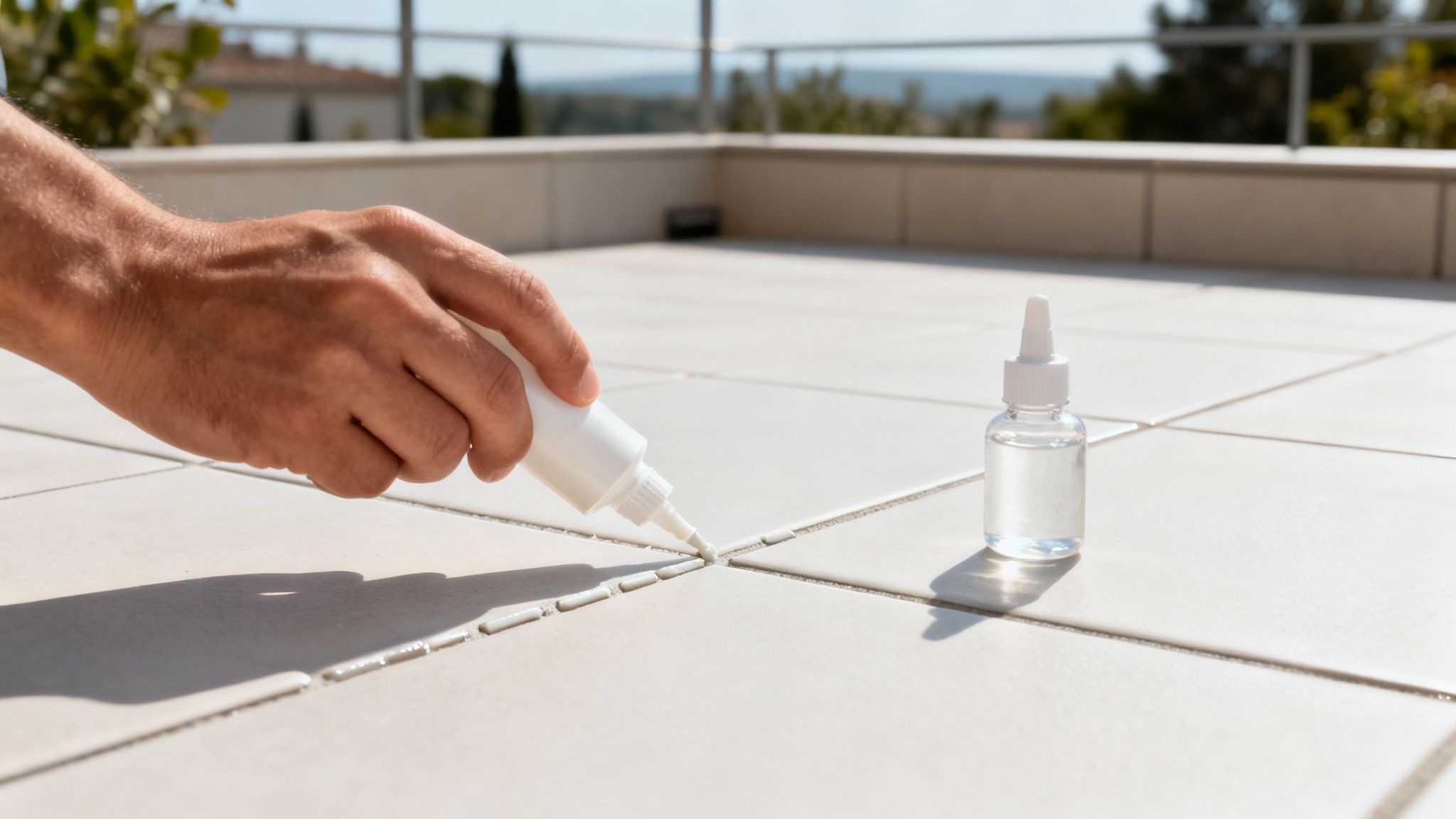 En ren fliseterrasse hvor fugerne er fyldt med nyt fugesand.