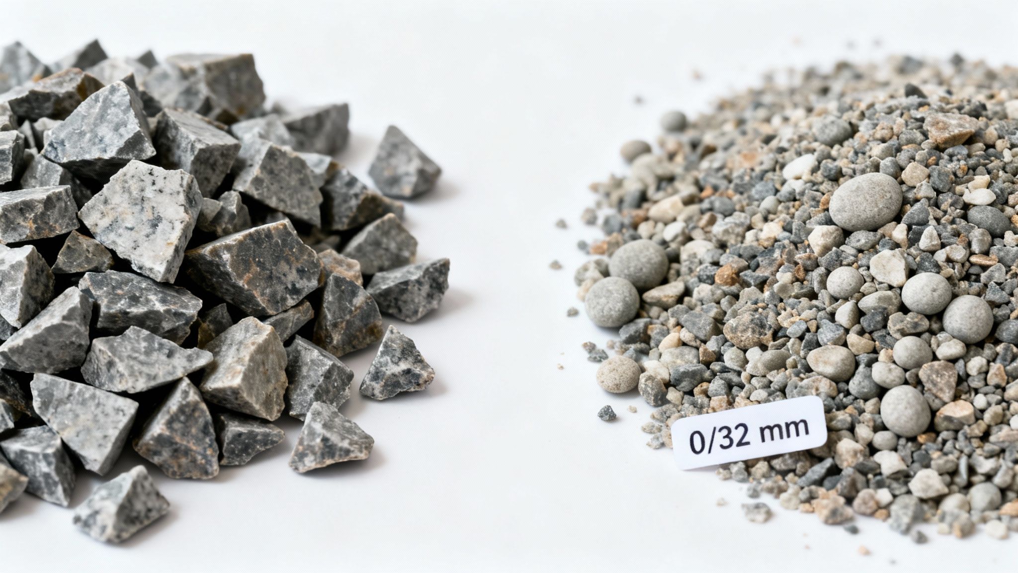 To bunker af sten og grus. Til venstre er store, kantede sten, og til højre er mindre, blandet grus med et 0/32 mm skilt.