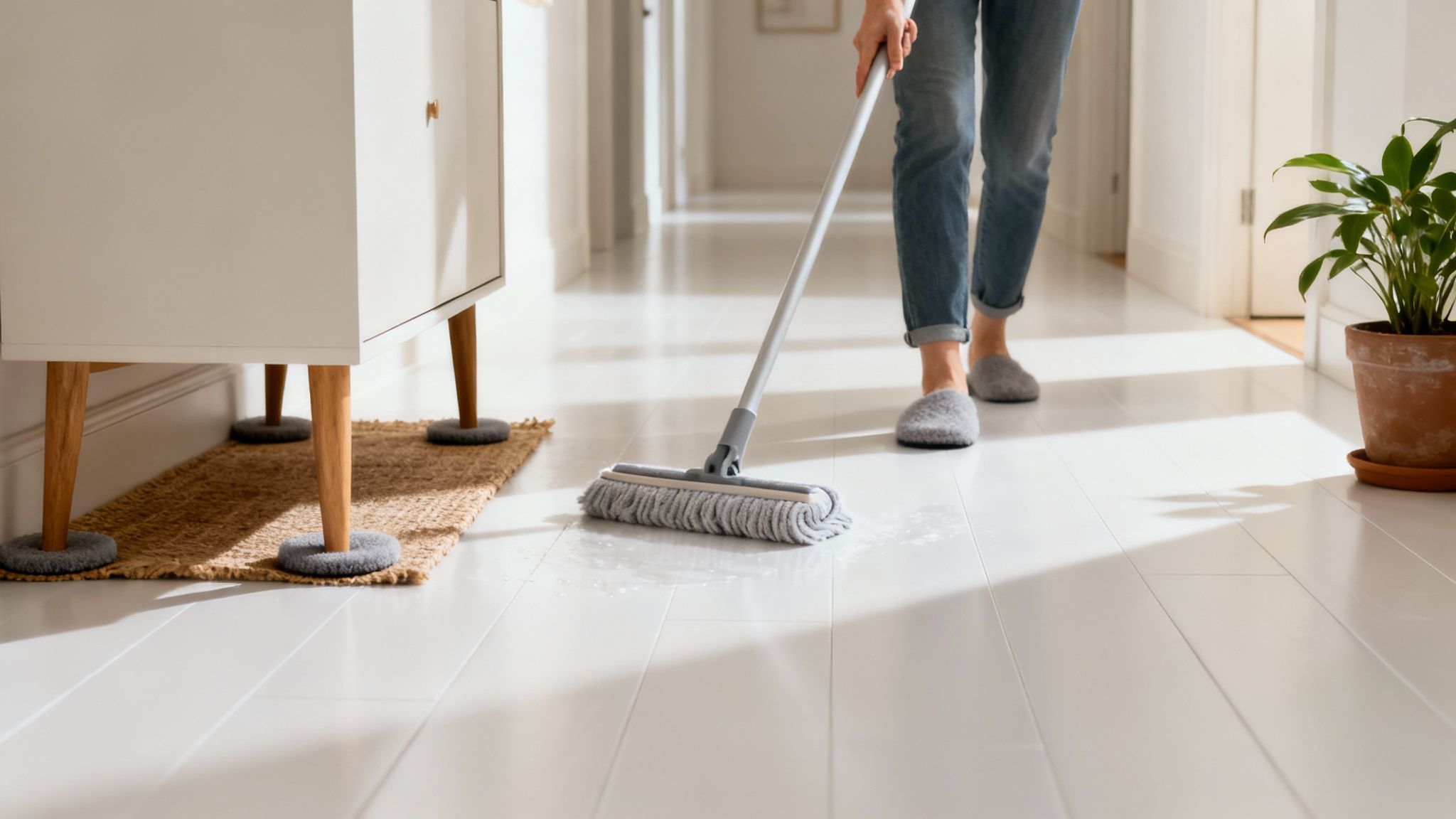 En person mopper et hvidt gulv i en gang, med et skab og en plante i baggrunden.