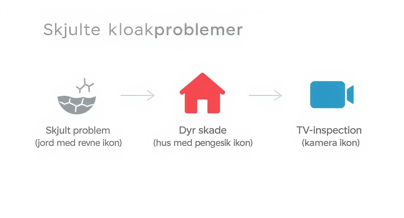 Illustration der viser flowet fra skjulte kloakproblemer, til dyr skade, og løsning via TV-inspektion.