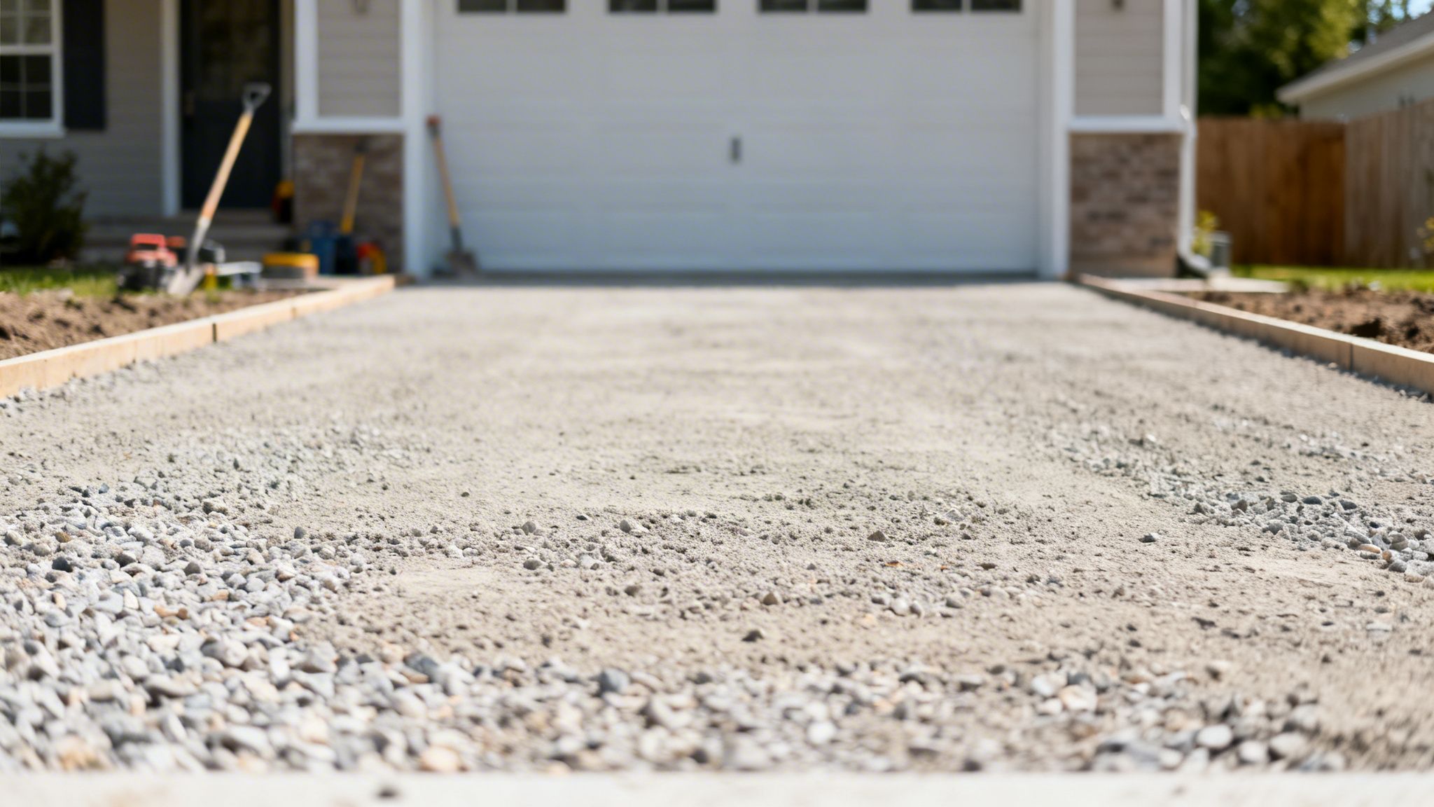 Nyanlagt indkørsel med stabilgrus som fundament, klar til belægning, foran et moderne hus.