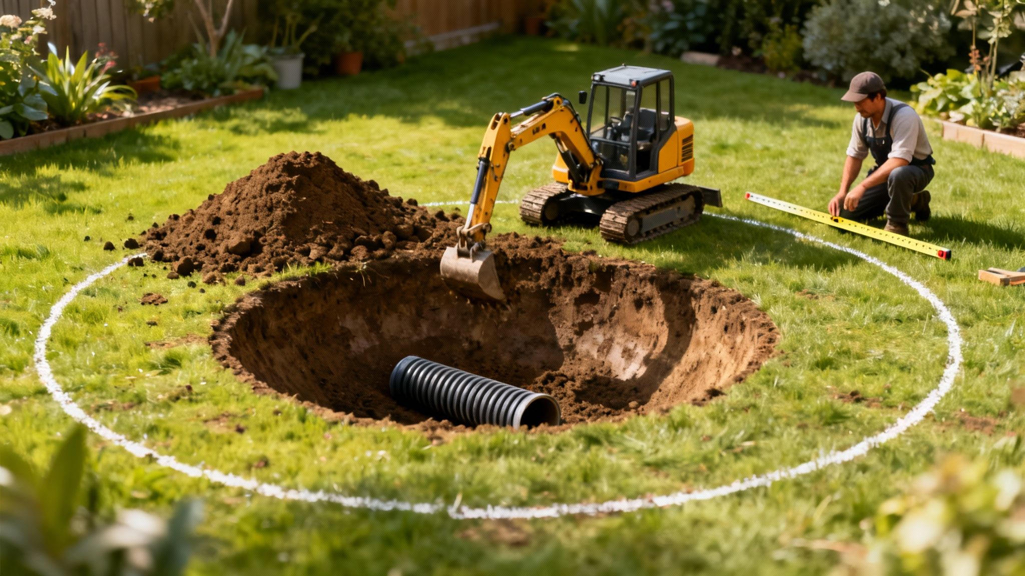 En mand graver et rundt hul i en baghave med en minigraver til nedgravning af en trampolin.