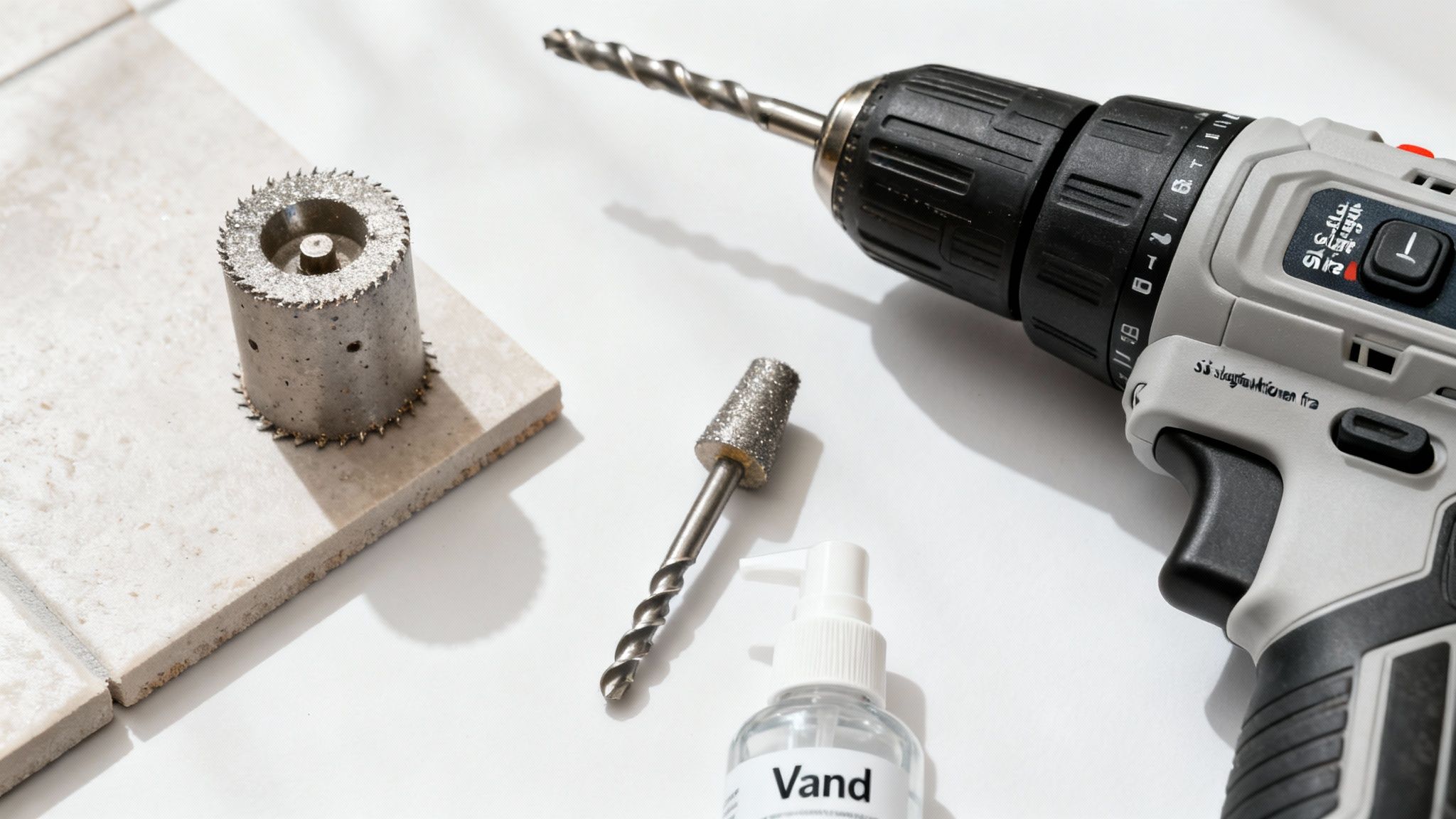 Boremaskine og forskellige bor til fliser, inklusiv hulsav og diamantfræser, med en flaske vand.
