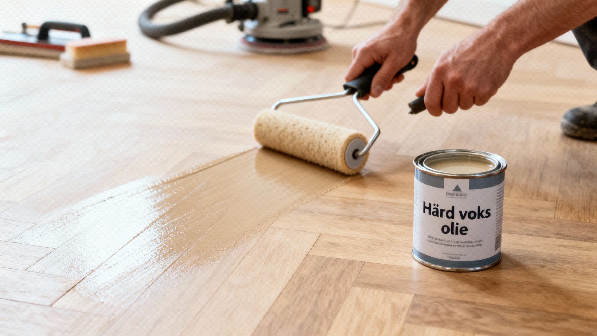 Person påfører hård voks olie på et sildebensparketgulv med en rulle, med en dåse olie i forgrunden.