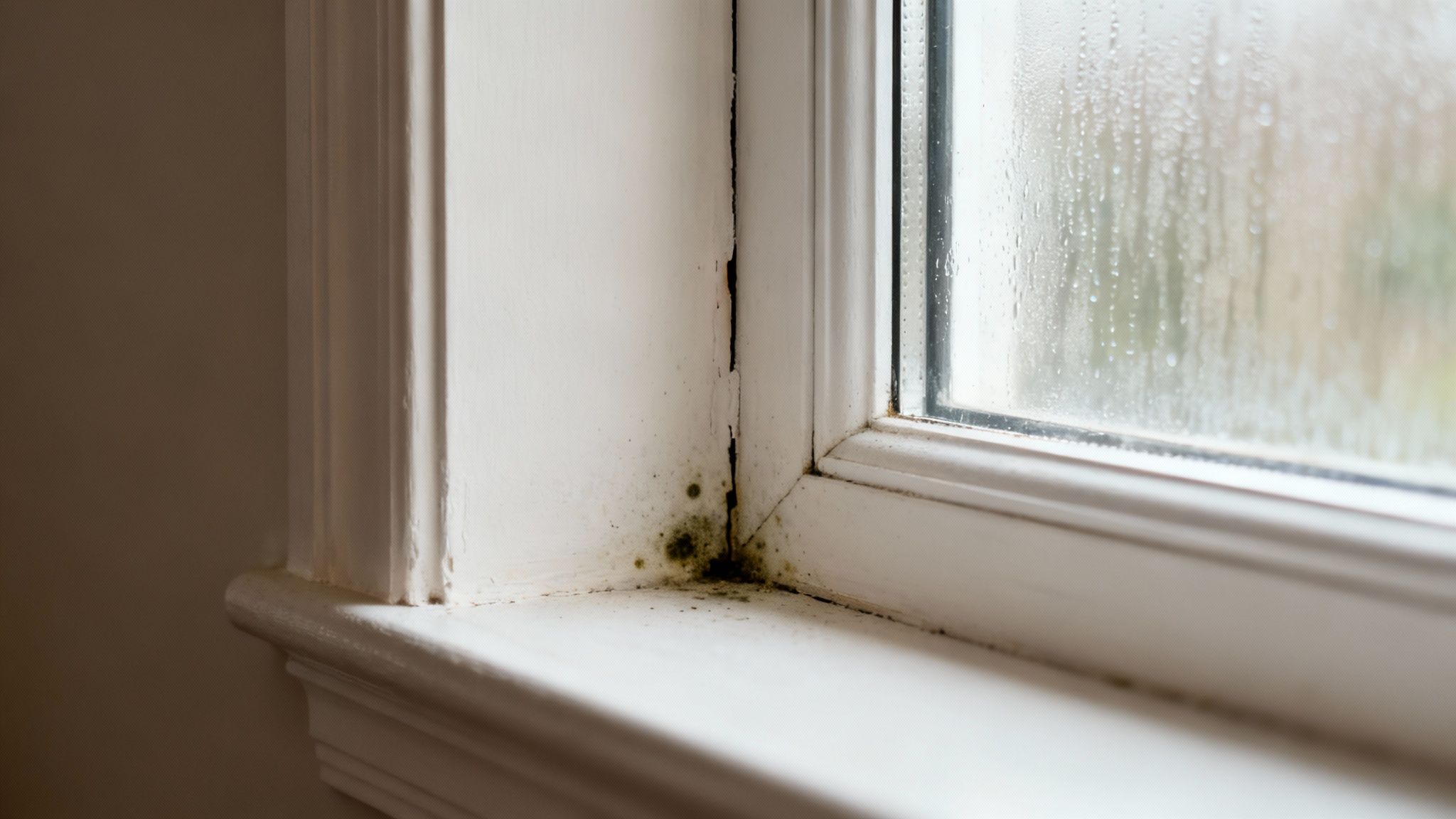 Skimmelsvamp og kondens på et vindue og væg i et hjem. Viser et problem med fugt.