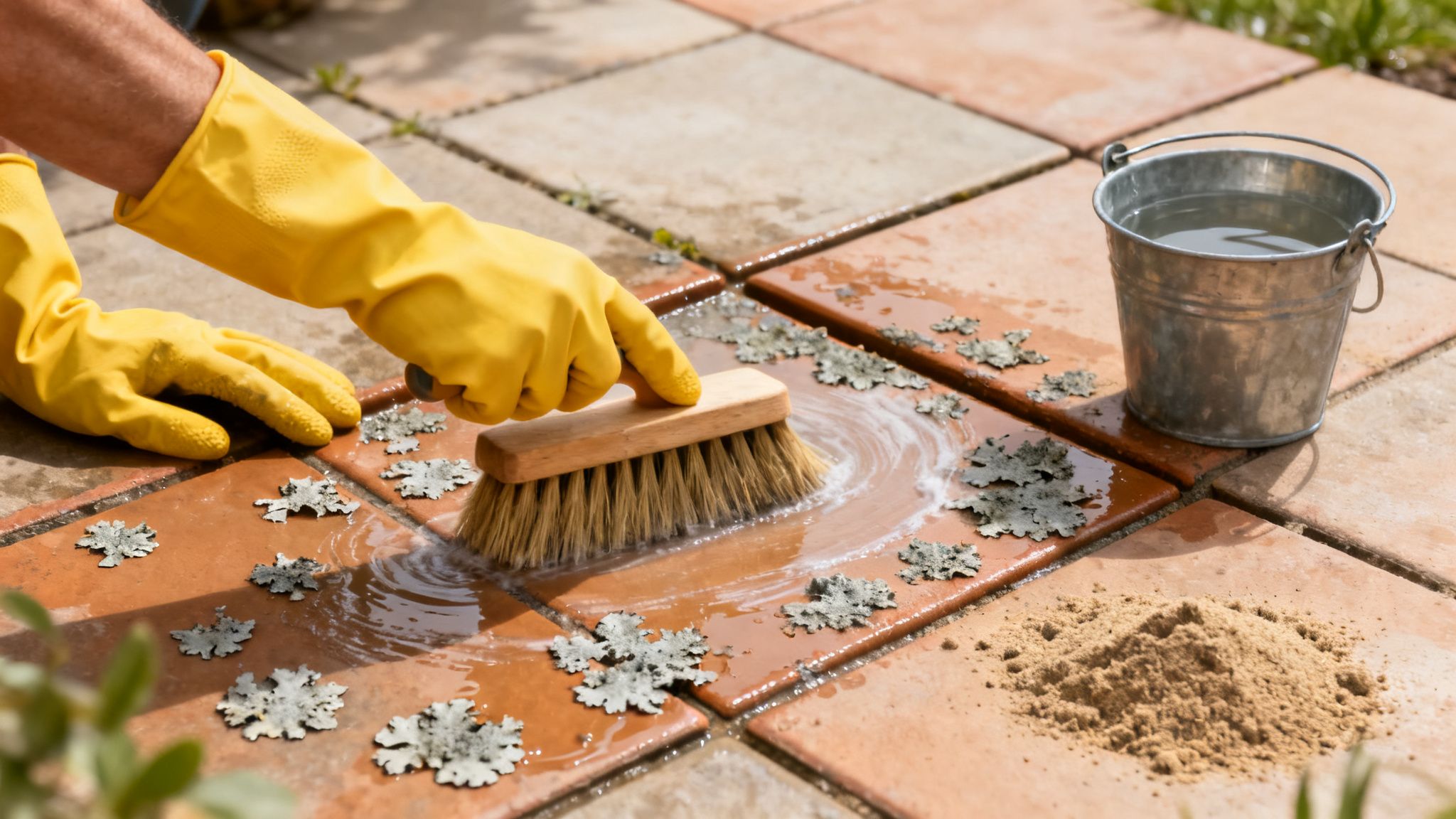 En person i gule handsker skrubber flisepest af udendørs fliser med børste og vand.