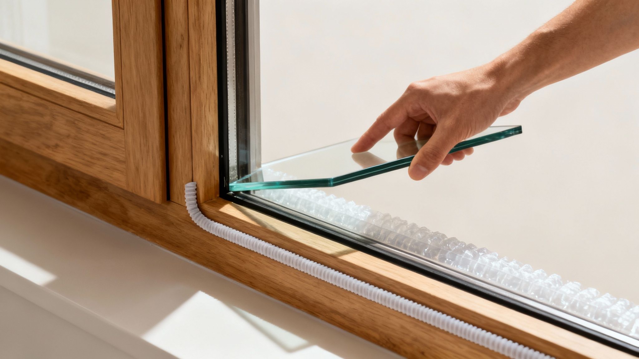 Et nærbillede af et energioptimeret gammelt vindue med nye tætningslister.