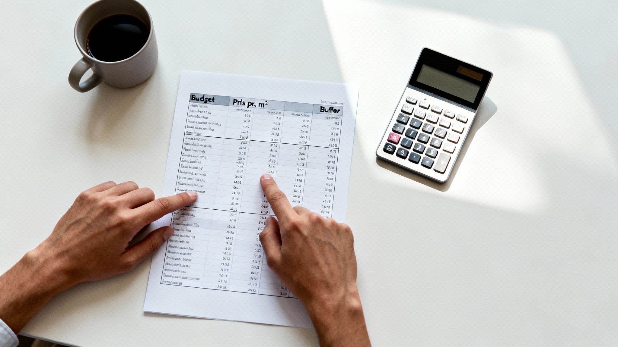 Hænder peger på budgettal på et papir med en kaffekop og lommeregner på et lyst skrivebord.