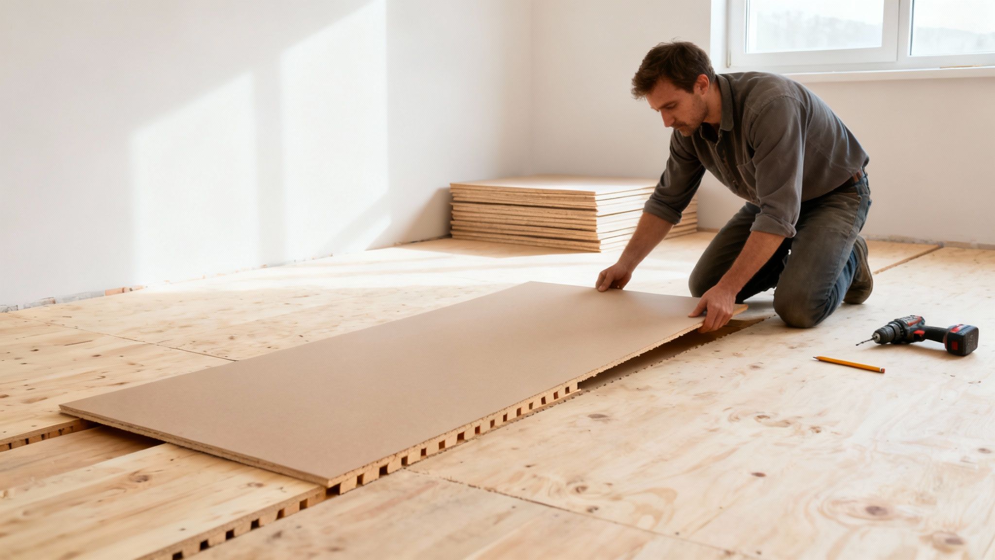 En mand lægger gulvpaneler i et rum, med boremaskine og blyant på gulvet.