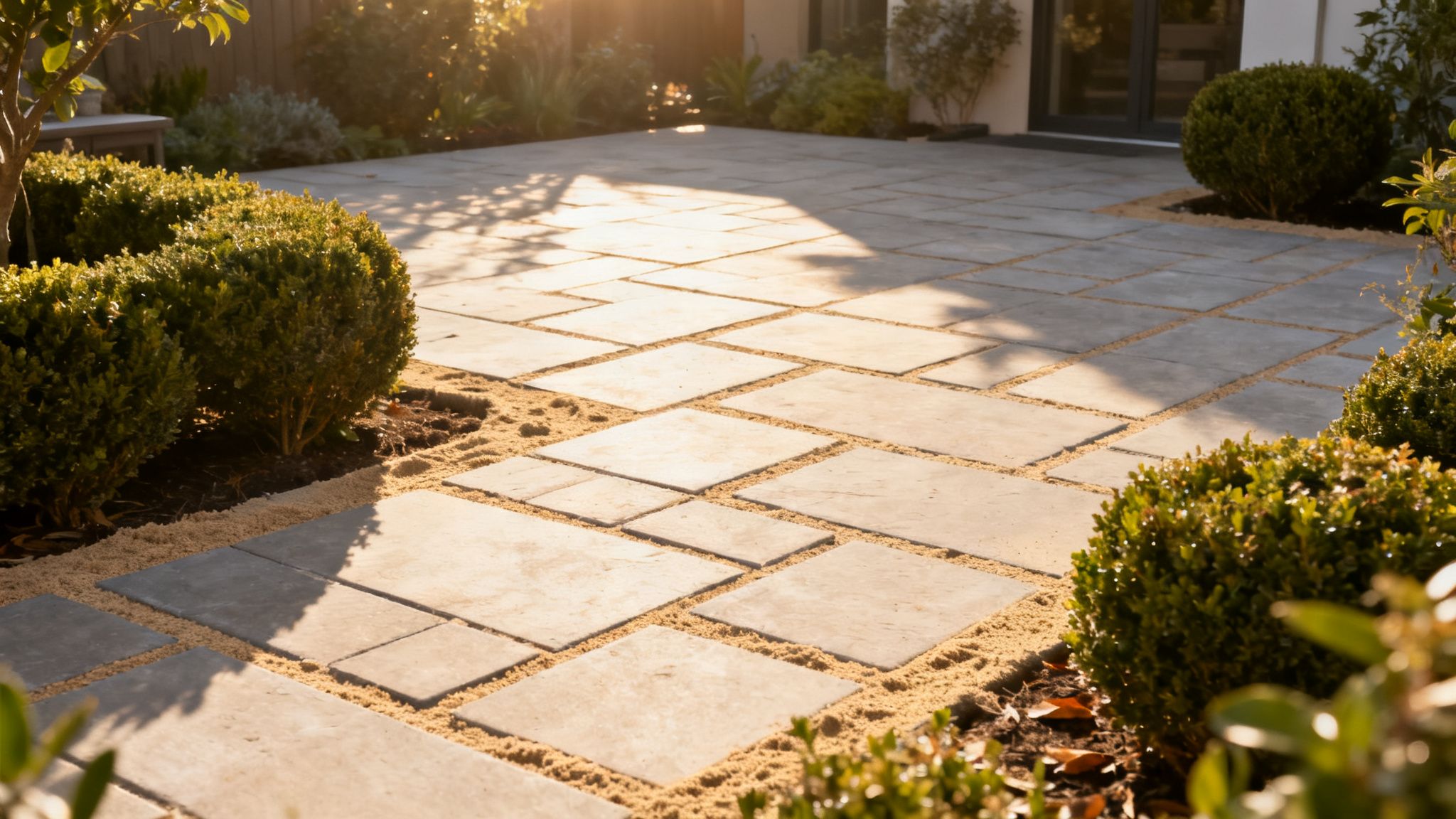 En solrig terrasse med grå fliser og sandfuger, omgivet af grønne buske, i varmt lys.