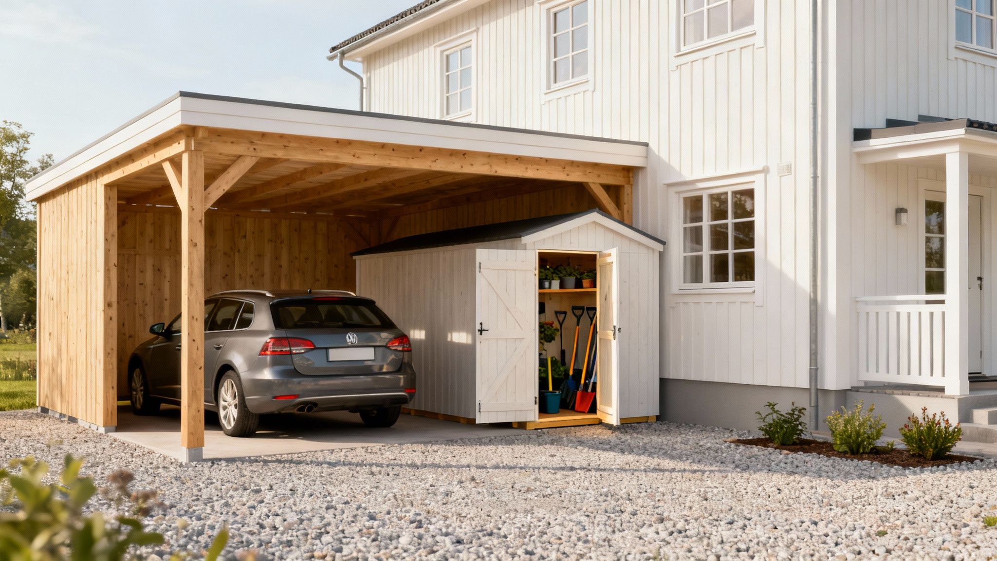 Moderne carport med integreret skur ved hvidt hus med bil parkeret under