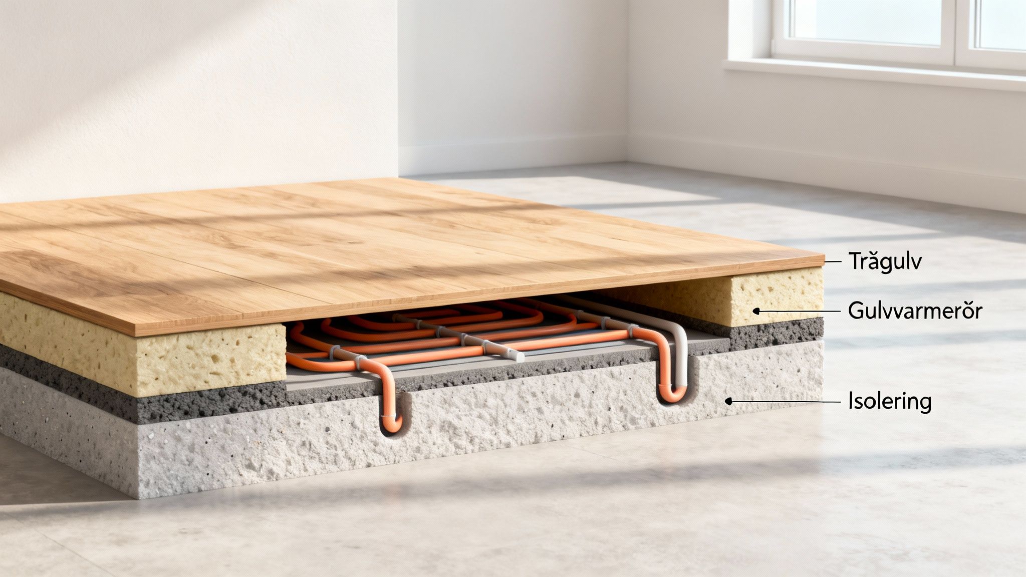 Detaljeret snit af et trægulv med gulvvarme og isolering under. Viser opbygningen af gulvvarmeanlægget.