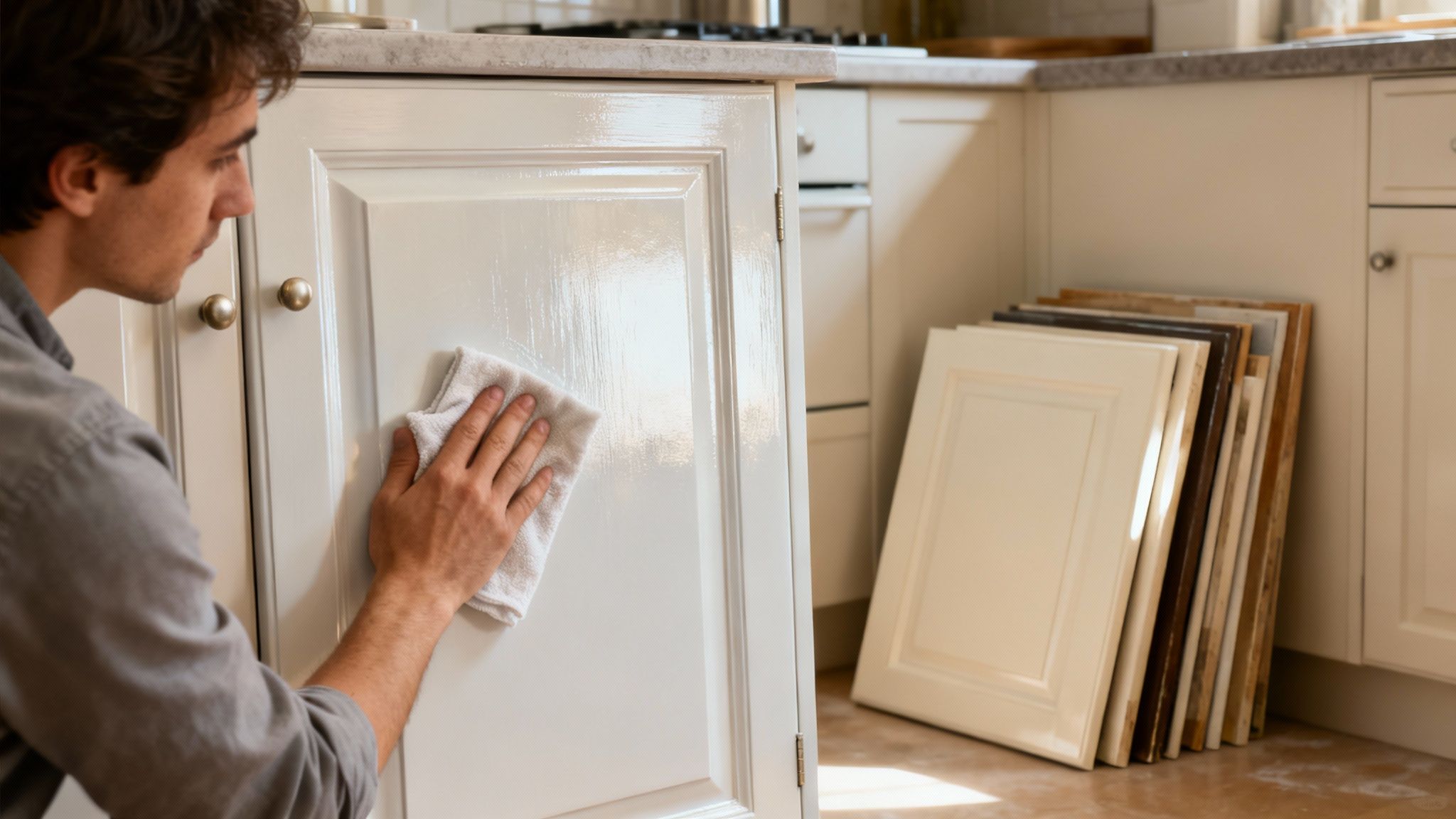 Nærbillede af en mand, der tørrer en hvid køkkenlåge af med en hvid klud i et køkken.