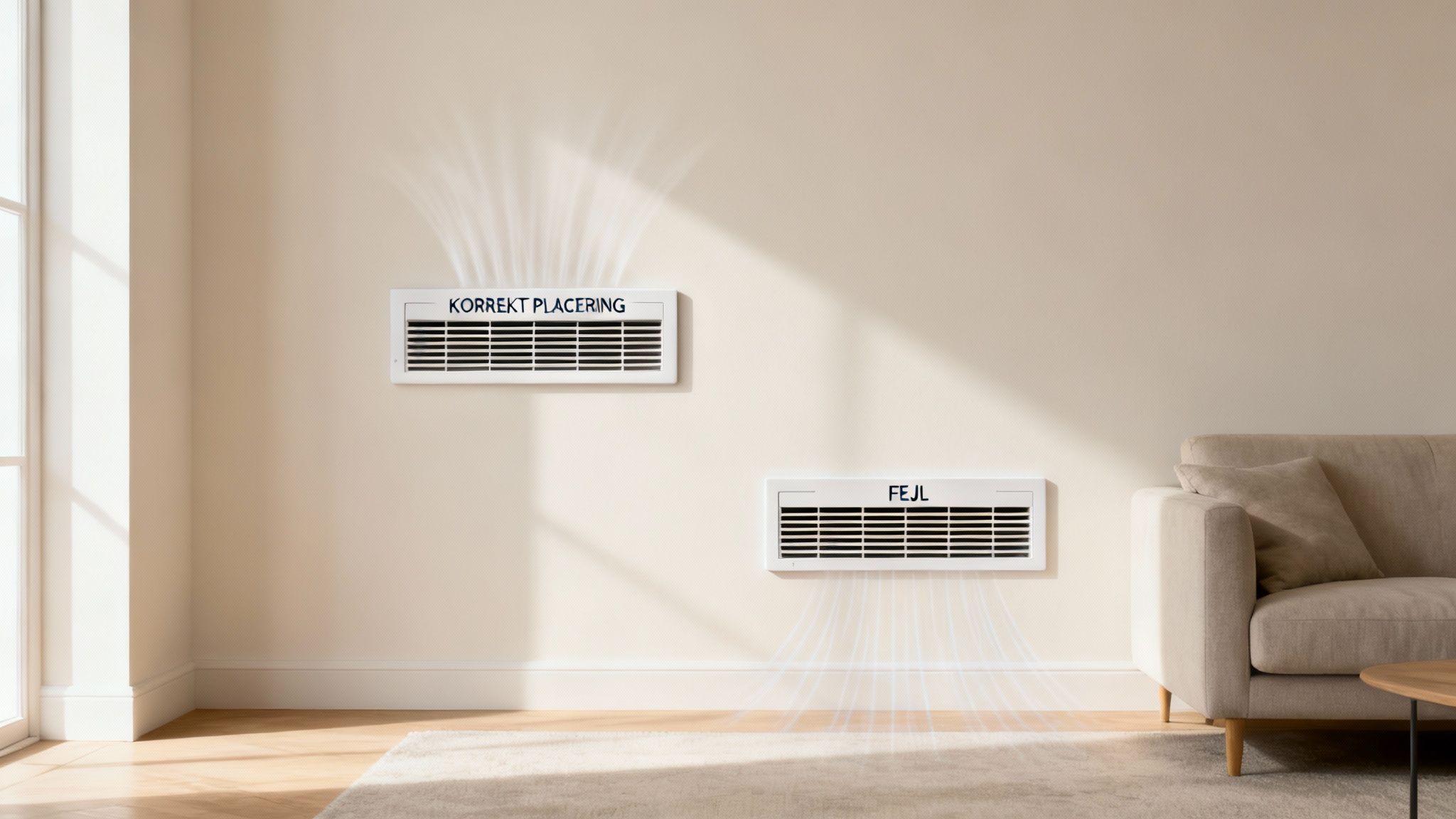 Vægmonterede udluftningsventiler: korrekt placering blæser opad, forkert placering blæser nedad i et rum.