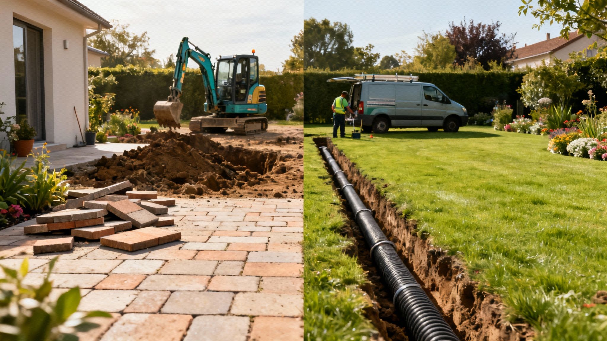 Havearbejde med gravemaskine og rør i en grøft, der viser kloakarbejde i gang.