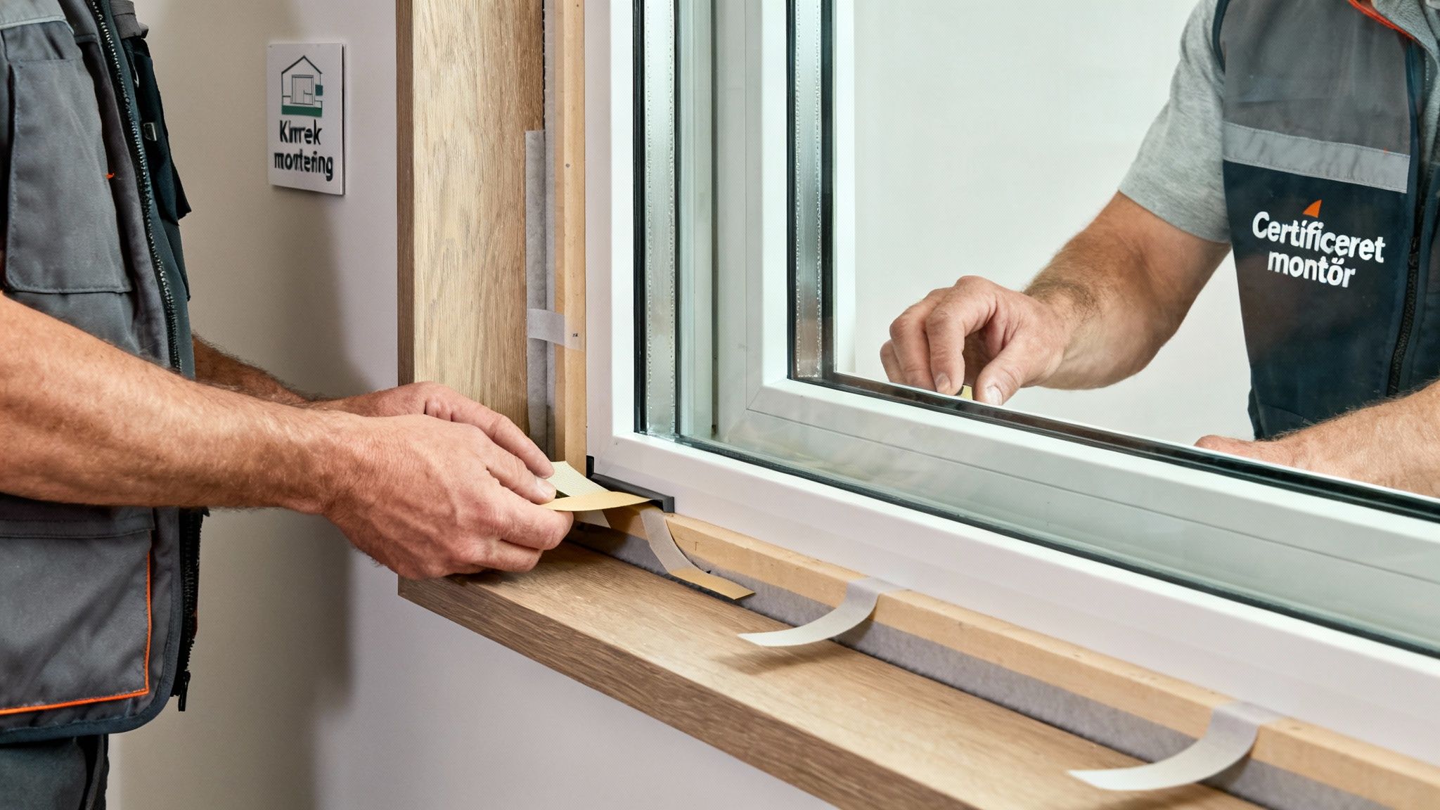 Detaljebillede af certificeret montør, der forsegler et nyt 3-lags vindue med tætningsbånd.