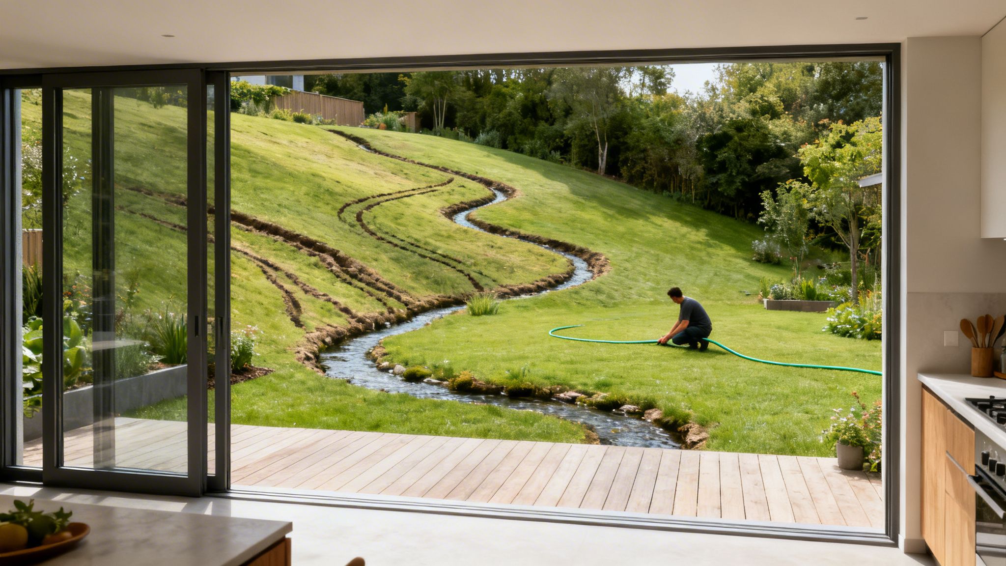 Udsigt fra hjem til en stor, grøn have med en mand, der vander græsset ved et snoet vandløb.