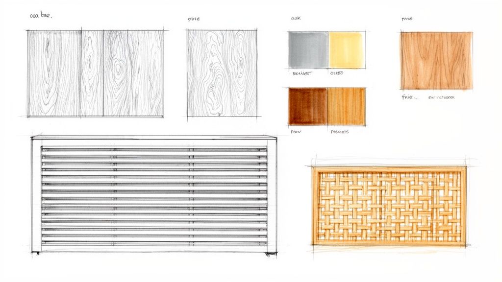 Designskitser af radiatorskjulere med forskellige træsorter (eg, fyr), overflader og mønstre (lameller, flet).