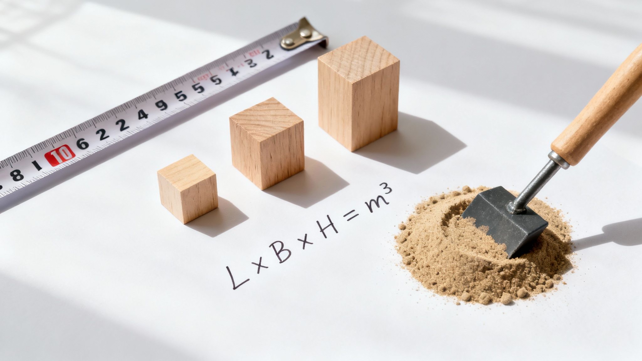Tre træklodser i stigende størrelse med målebånd og formel for volumenberegning af sand og grus