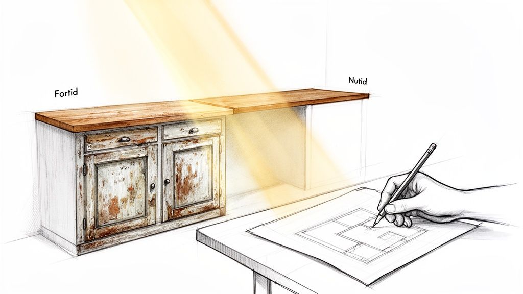 Illustration af et gammelt, slidt skab og en ny, skitseret version med en hånd der tegner en plan.