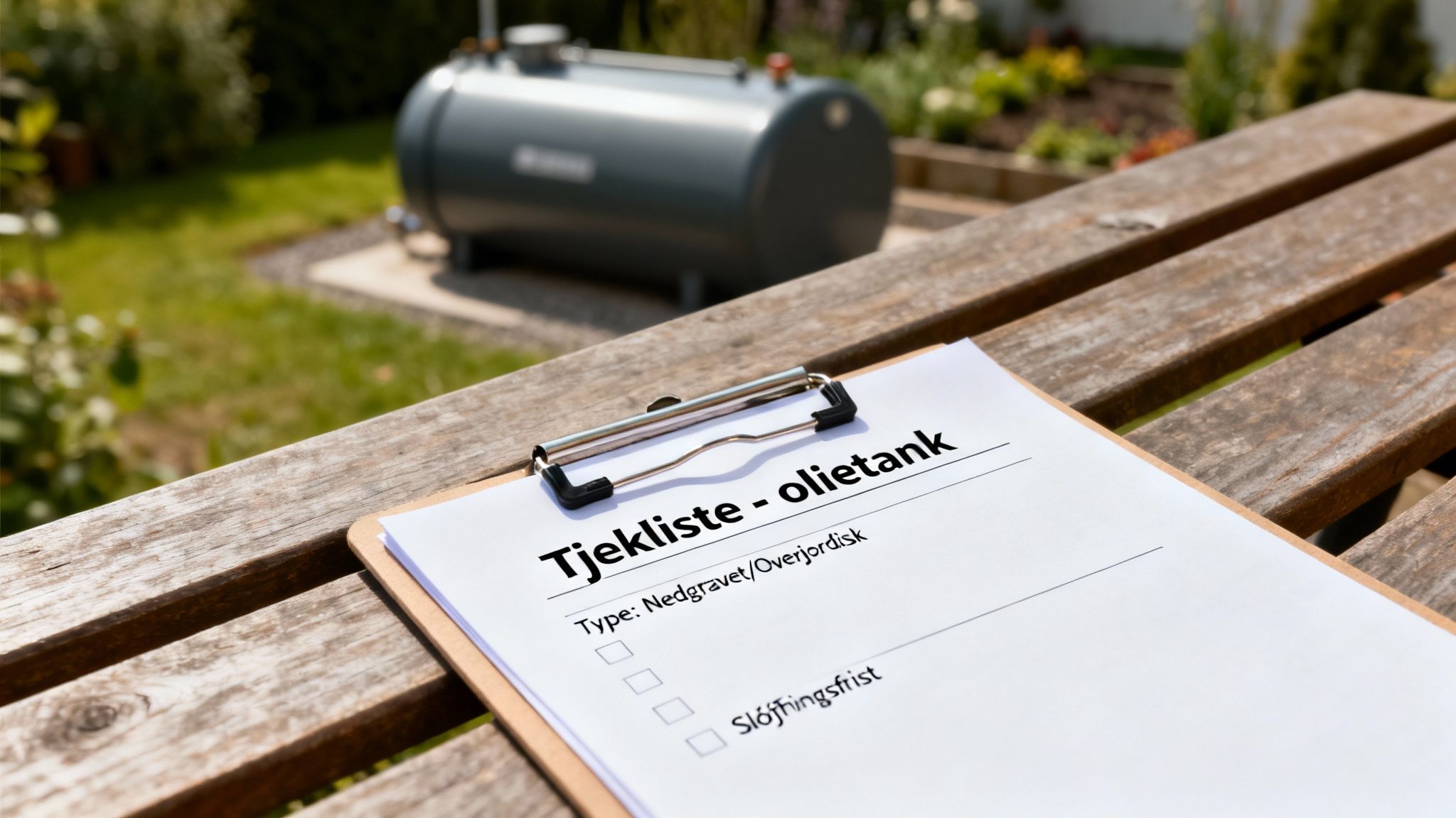 En tjekliste til olietanke ligger på et træbord med en olietank i baggrunden.