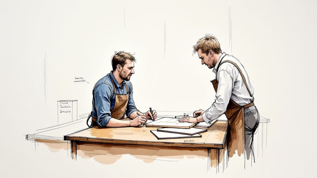 Håndværkere planlægger et køkkendesign ved et bord med tegninger og træprøver.