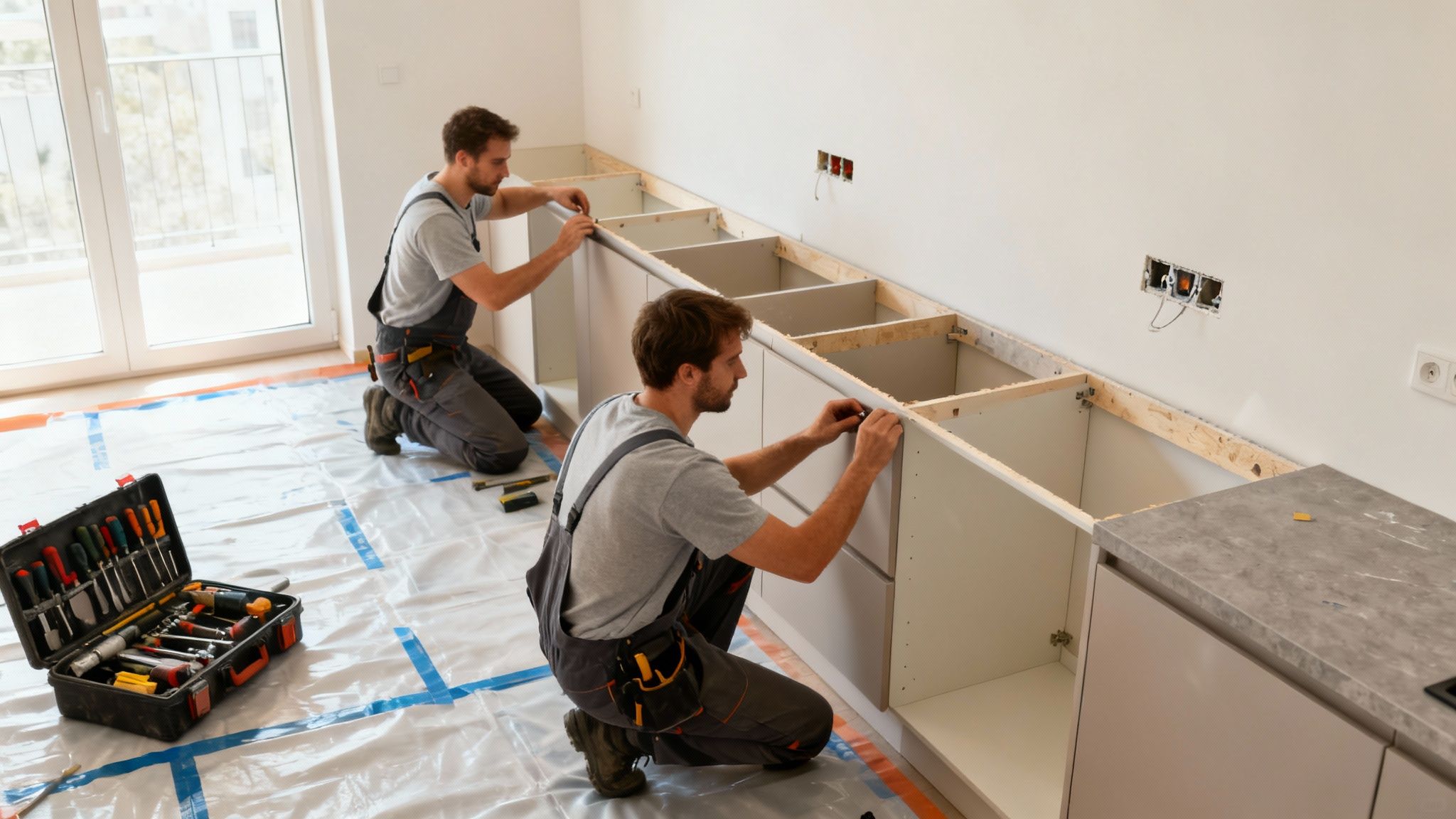 To mænd installerer køkkenskabe i et nyt køkken, med værktøj og beskyttelsesplastik på gulvet.