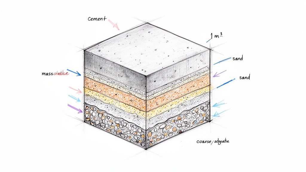 Illustration af en 1 m³ betonblok i tværsnit, der viser lag af cement, sand og groft tilslag.