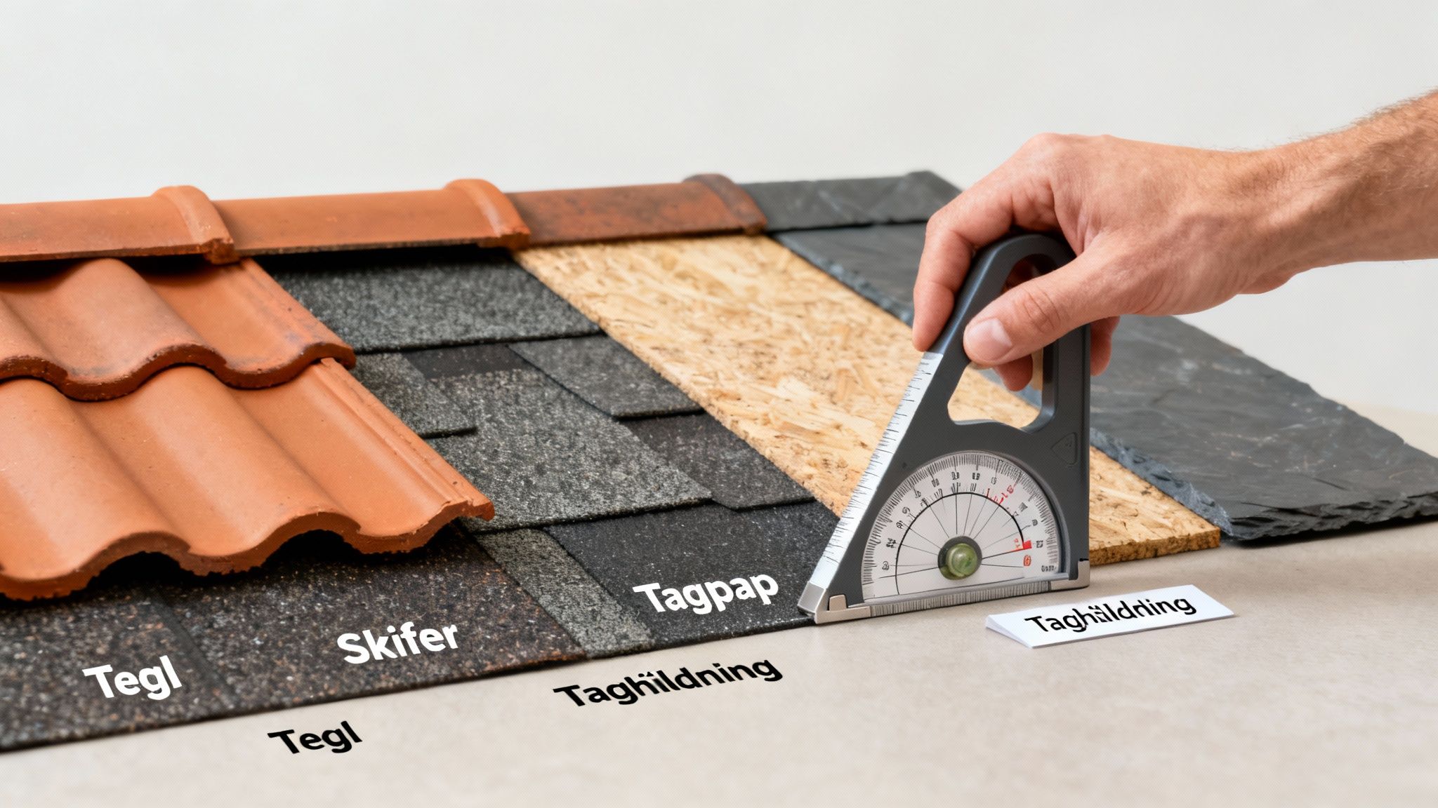 En hånd måler taghældning på forskellige tagmaterialer som tegl, skifer og tagpap med en vinkelmåler.