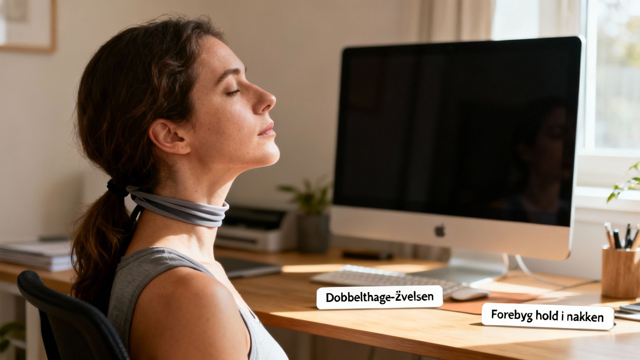Kvinde med lukkede øjne udfører nakkeøvelse ved skrivebord for at forebygge hold i nakken.
