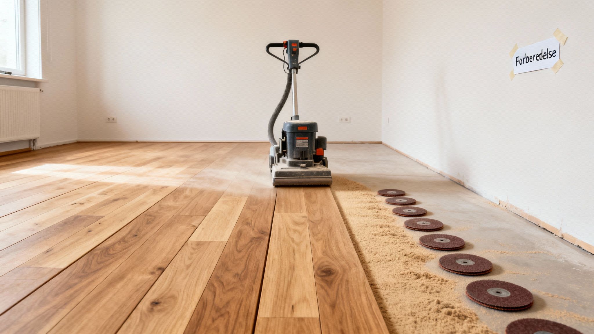 En gulvsliber midt i arbejdet med et trægulv, omgivet af savsmuld og slibeskiver i et værelse.