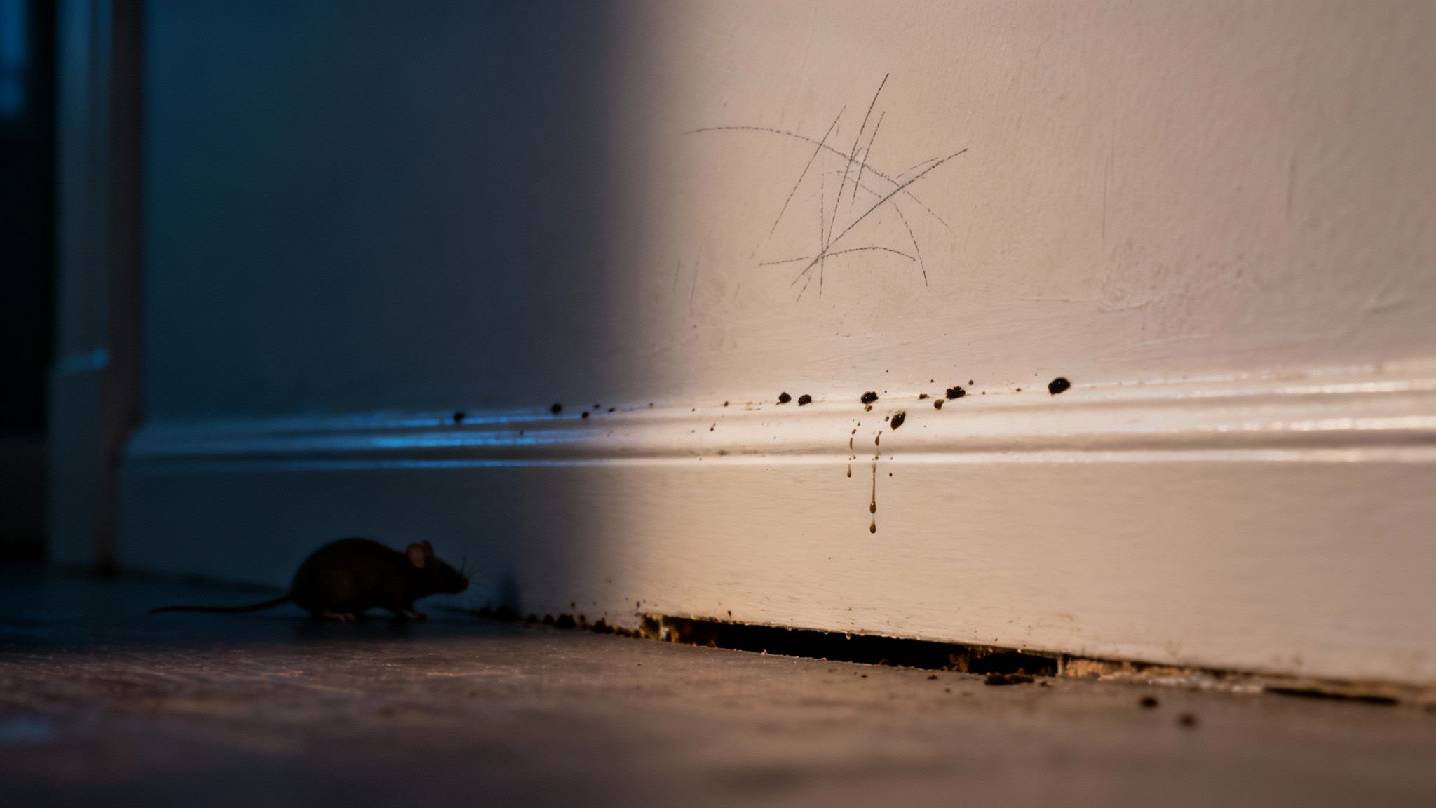 En mus sidder på gulvet nær en væg med pletter, ridser og et hul i bunden, i et dårligt oplyst rum.