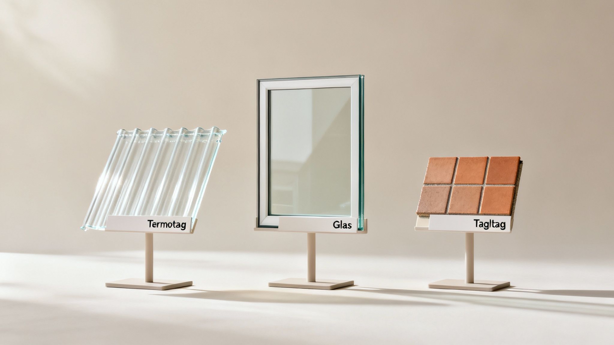 Tre forskellige tagmaterialer: gennemsigtigt termotag, et glaspanel og teglsten, præsenteret på stativer.