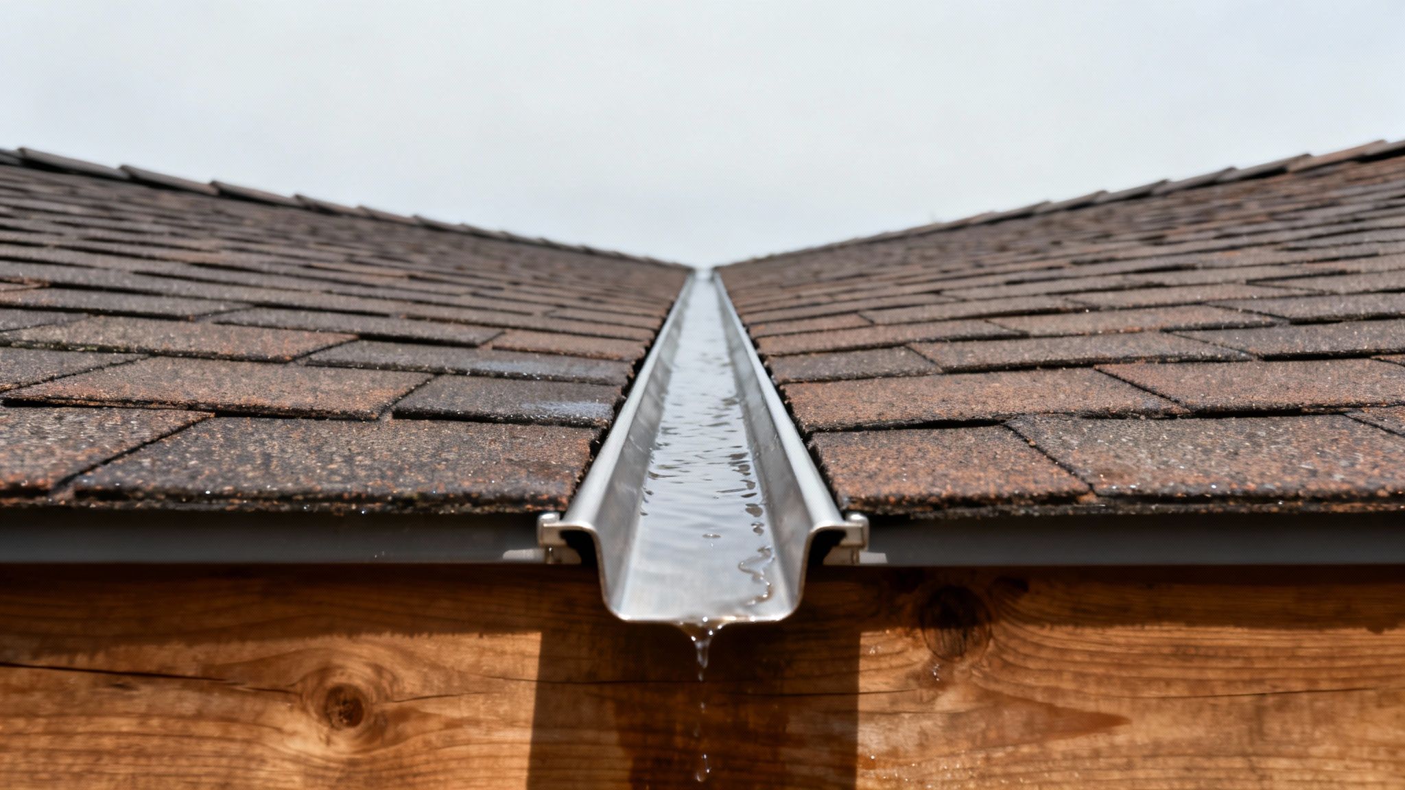 Tæt på billede af vand, der løber ned i en skotrende på et brunt tegltag med en trævæg nedenunder.
