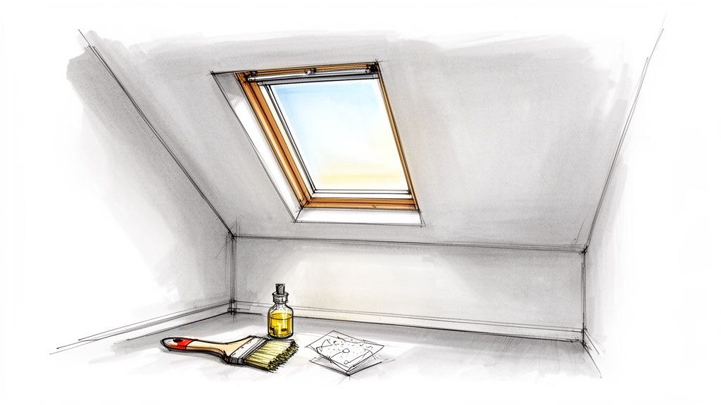 Detaljeret skitse af et loftsrum med et Velux tagvindue, en pensel og olie på gulvet.