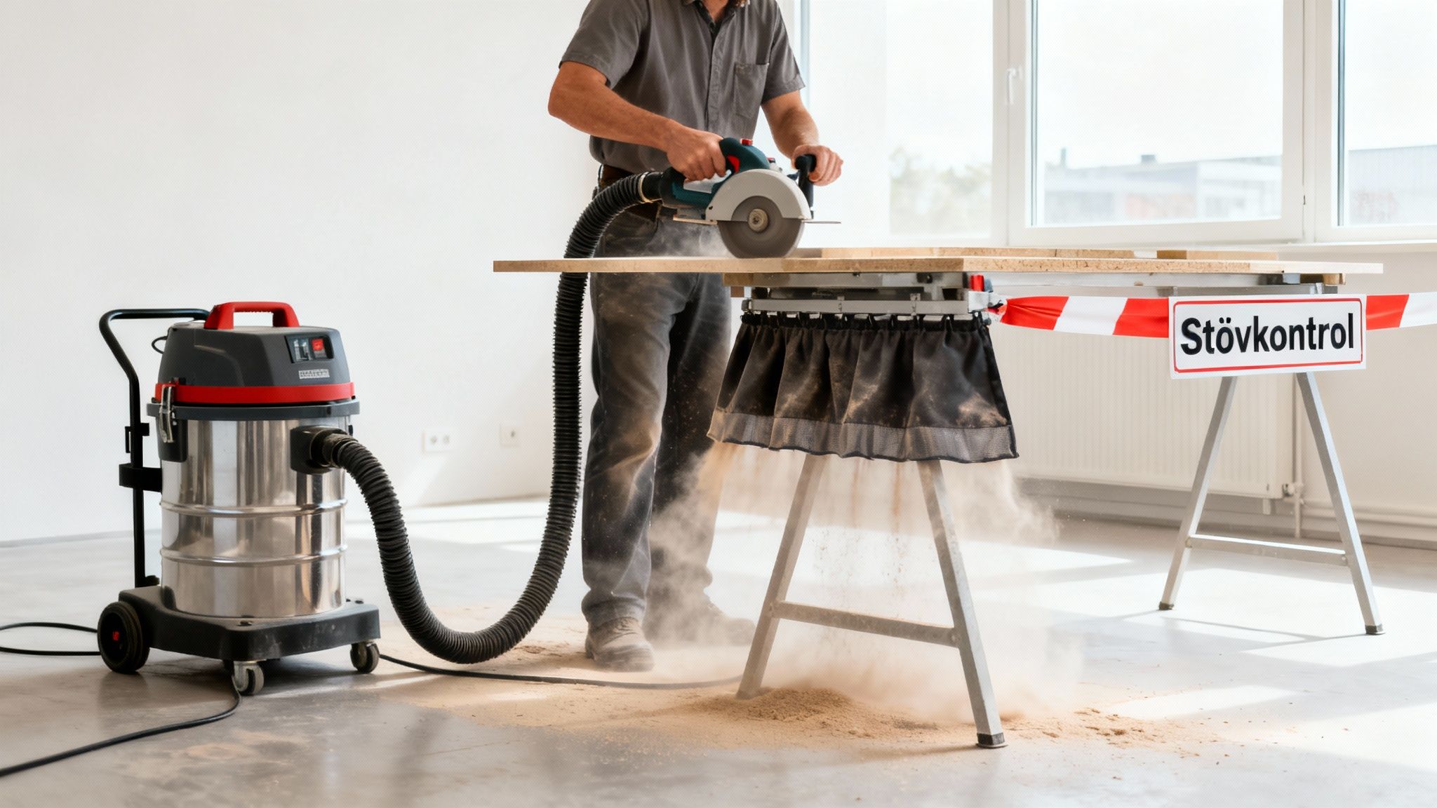 En mand skærer træ med en rundsav, der er forbundet til en støvsuger. Masser af savsmuld er synligt på gulvet med et "Stövkontrol" skilt.