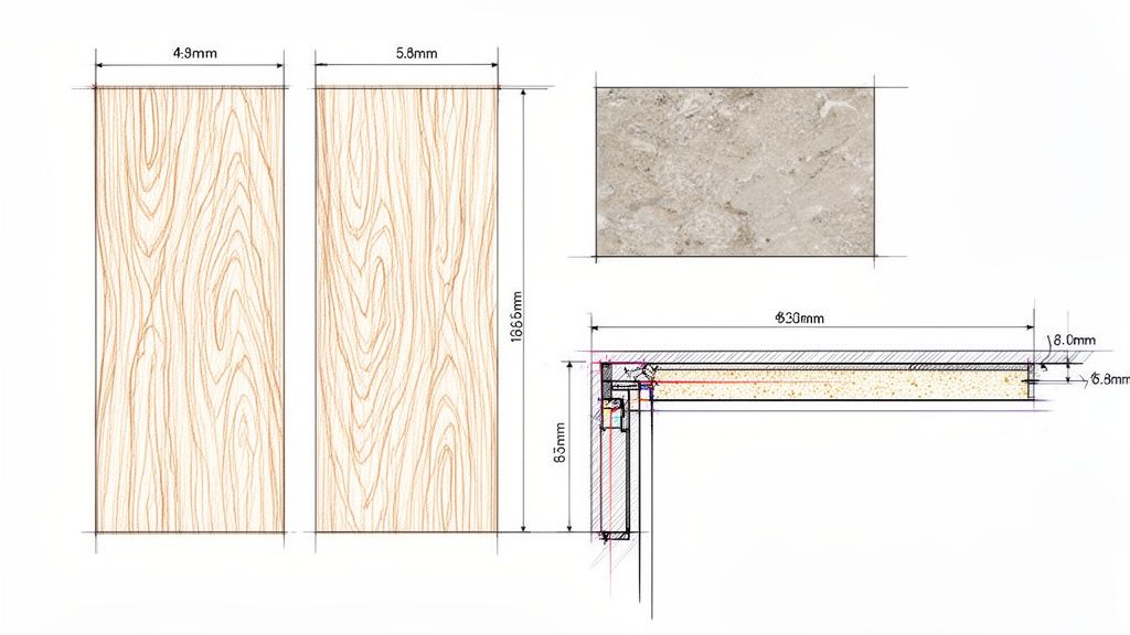 Detaljerede tekniske tegninger af træpaneler, et flisemønster og en kantdetalje med præcise mål.
