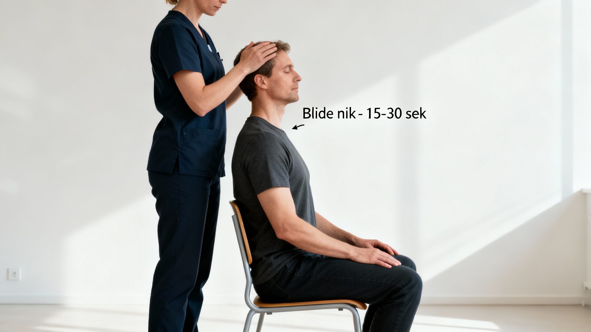 Fysioterapeut hjælper mand med siddende nakkeøvelse, der involverer et blidt nik i 15-30 sekunder.