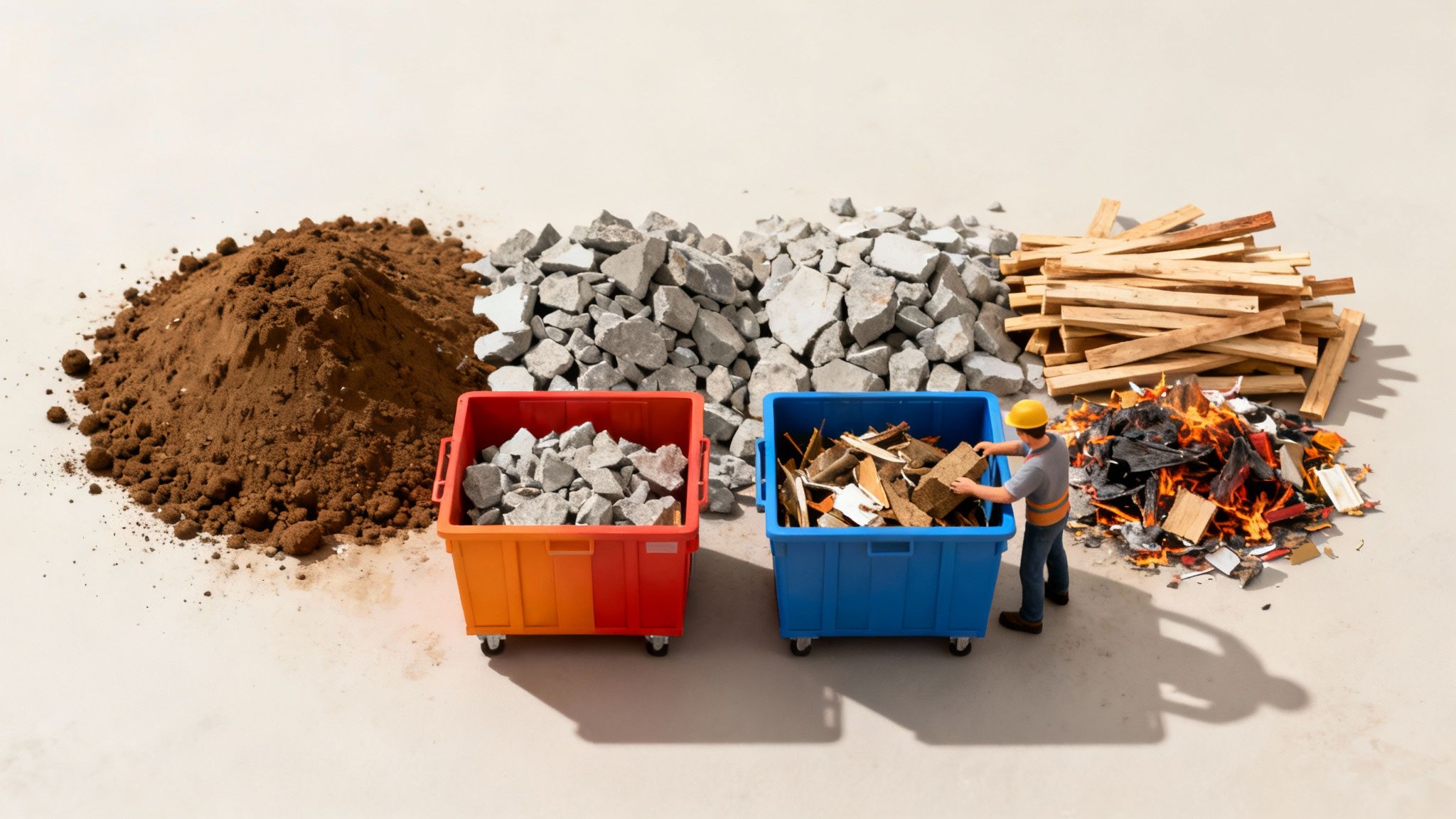 Billede af en medarbejder, der sorterer byggeaffald i containere, herunder jord, beton, træ og blandet affald.
