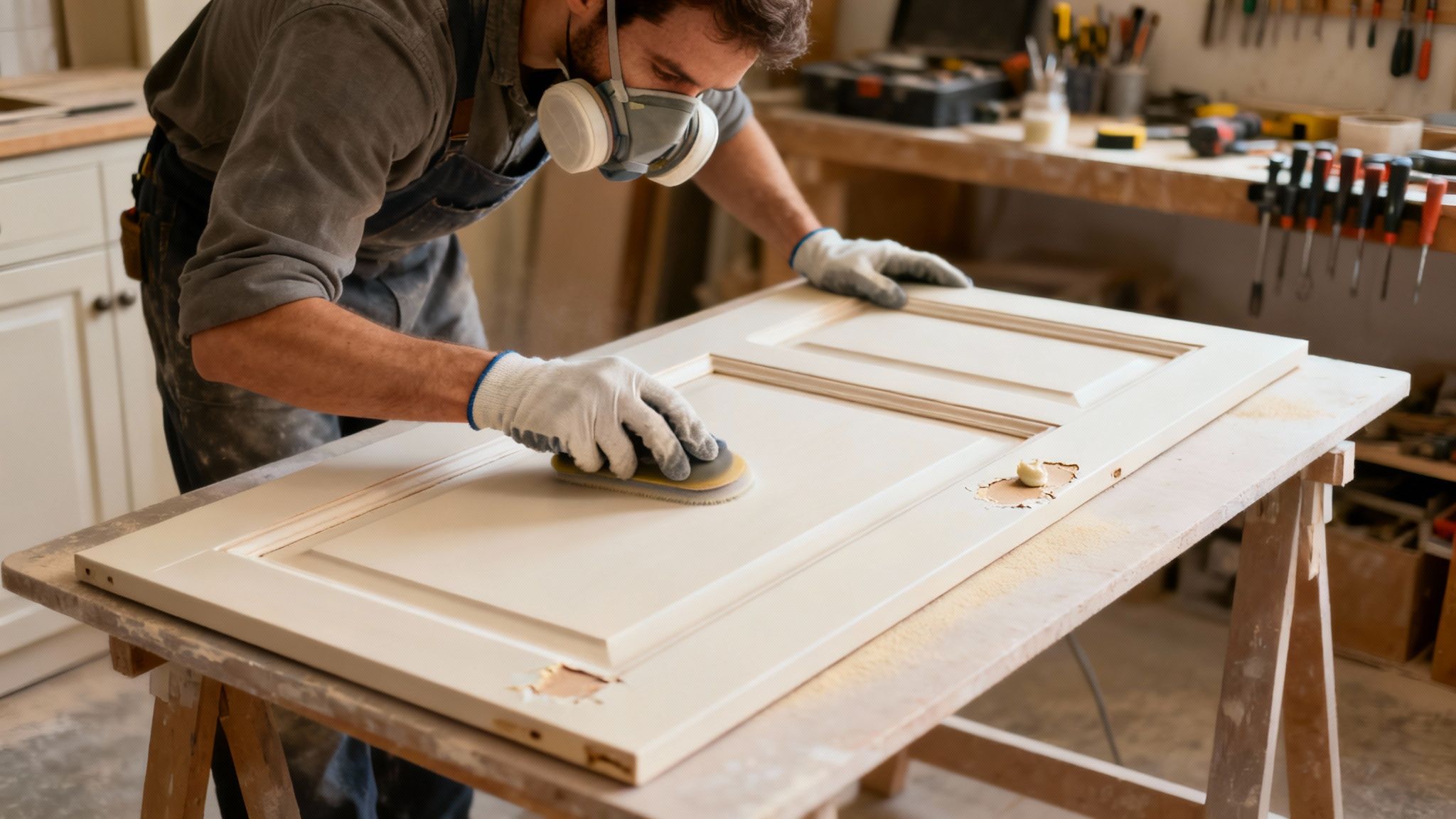 En mand med åndedrætsværn og handsker sliber en hvid køkkenlåge i et værksted.