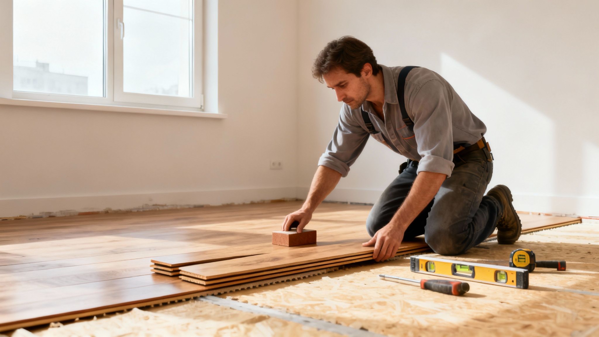 En mand lægger et nyt trægulv i et lyst rum med vindue. Han bruger en klods til at banke brædderne på plads, med værktøj liggende klar.