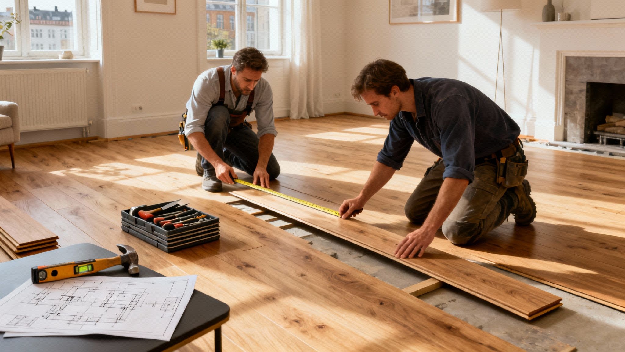 To mænd lægger nyt trægulv i et lyst rum. De måler en gulvplanke med et målebånd.