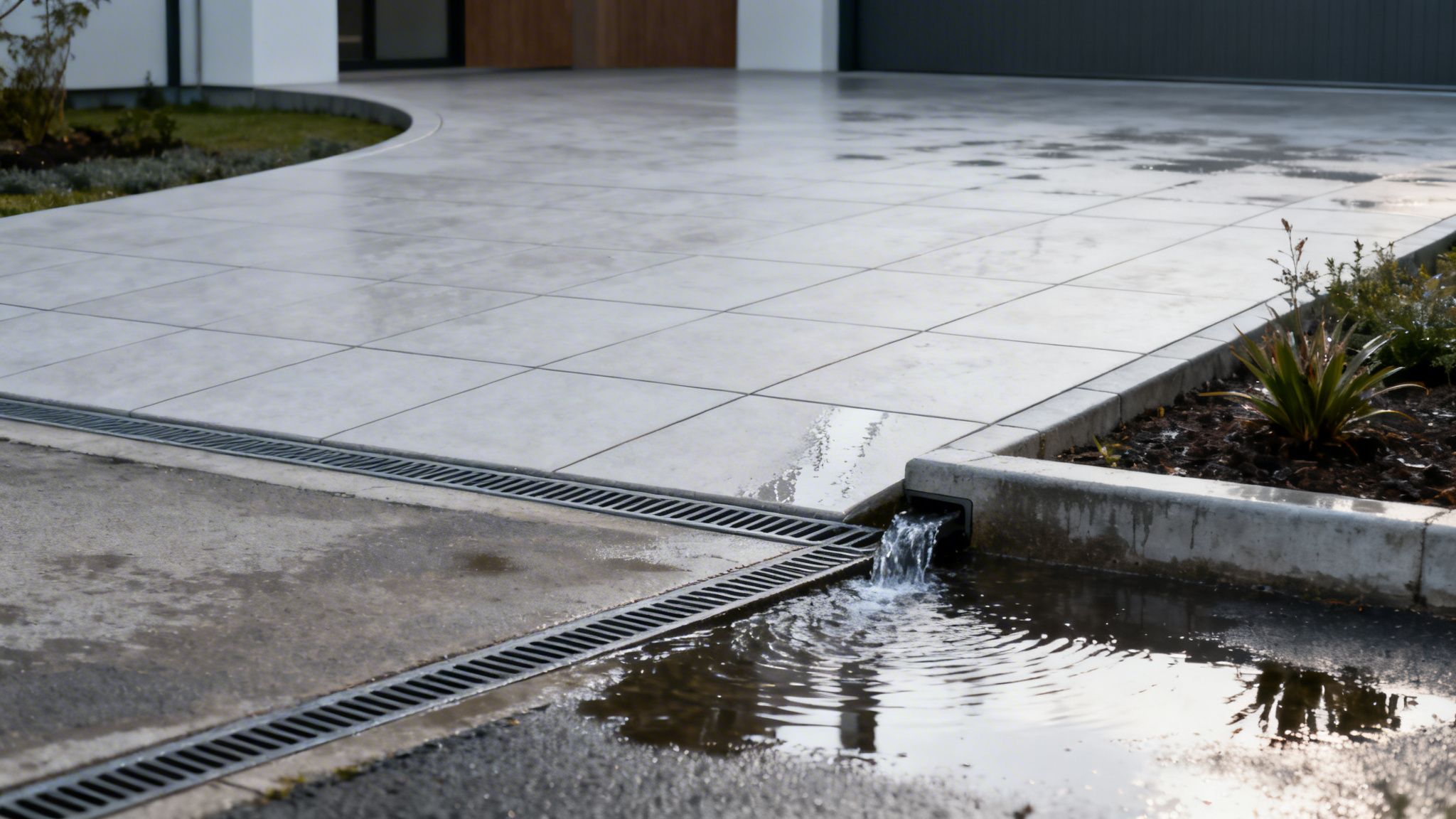 Billede af en moderne indkørsel med store lyse fliser, effektiv dræning og rindende vand.