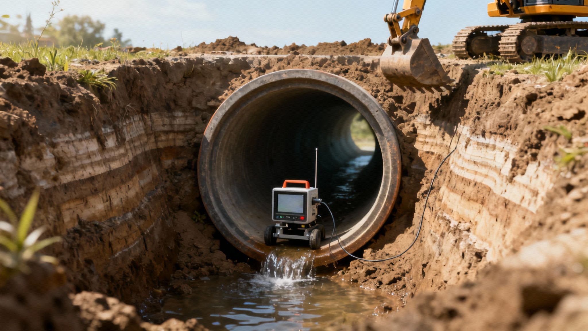 Kloakmester inspicerer et åbent kloakrør med specialudstyr