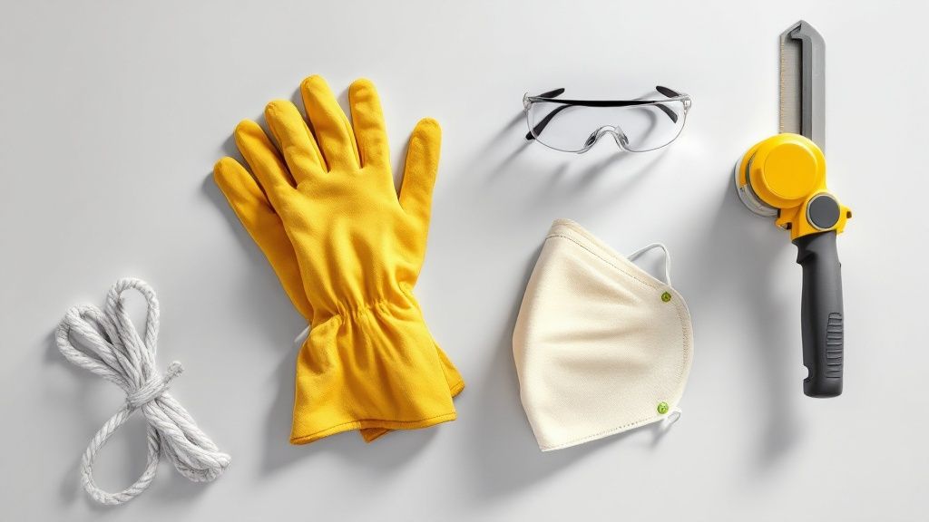 Beskyttelsesbriller og handsker ligger ved siden af en fliseskærer, klar til brug