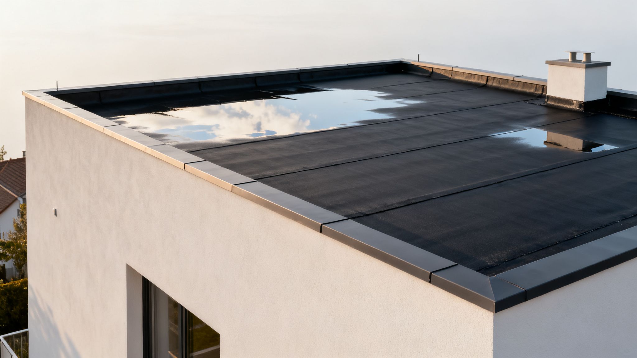 Fladt tag med sort tagpap og vandpytter, der reflekterer himlen, på en moderne bygning.